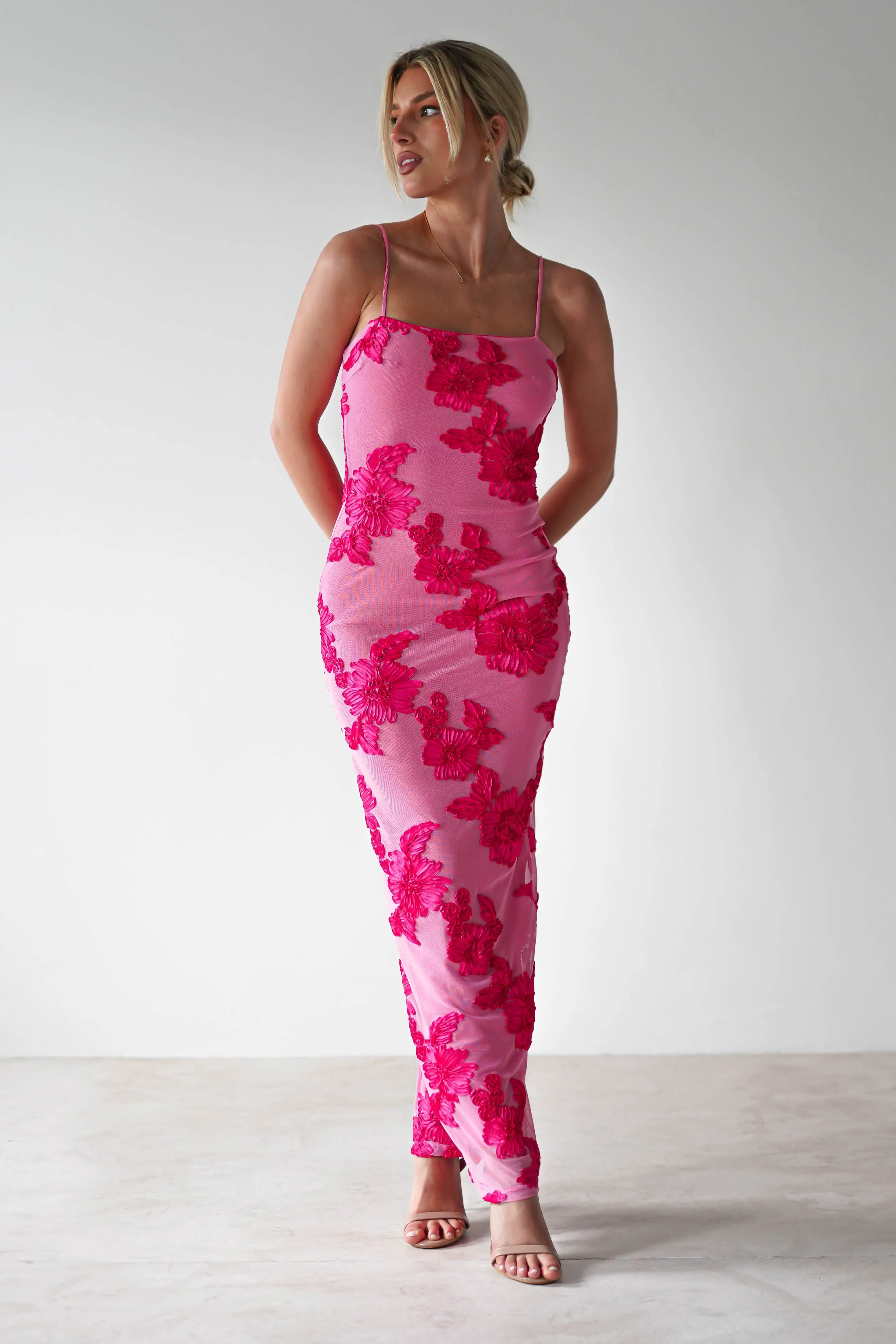 Adora Floral Mesh Maxi Dress | Pink