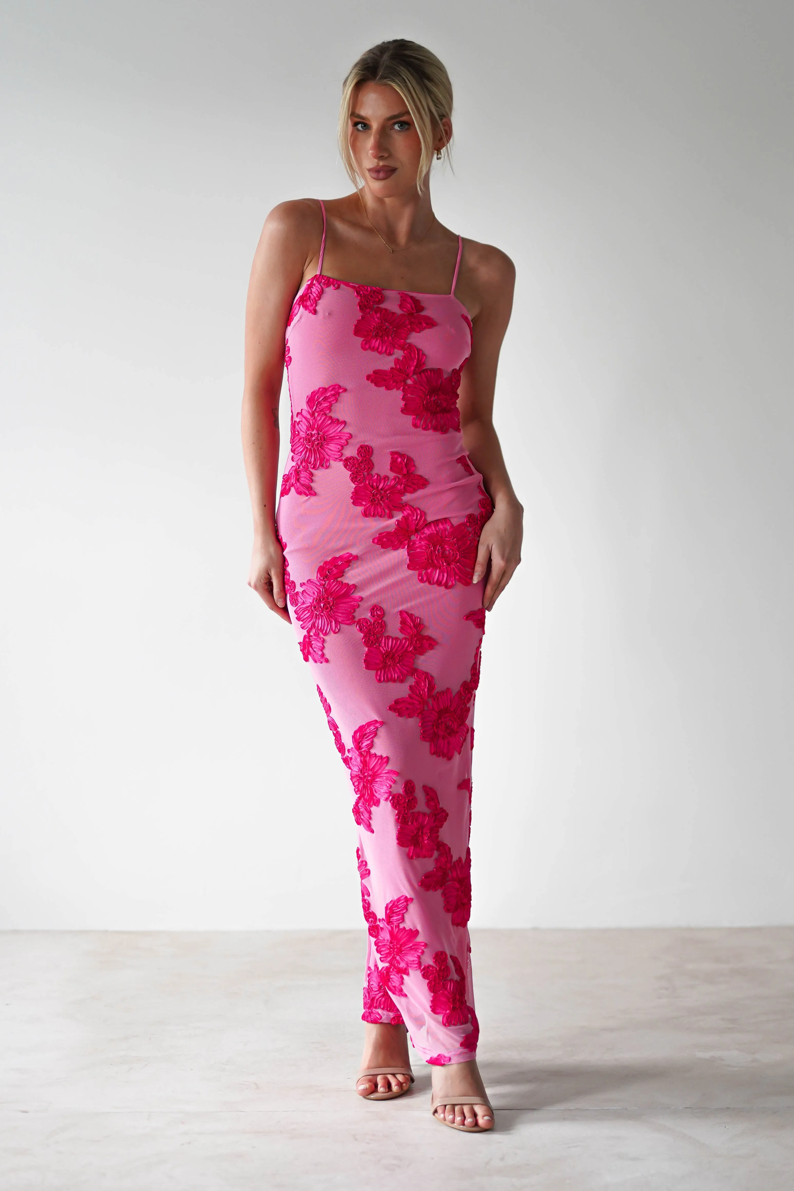 Adora Floral Mesh Maxi Dress | Pink