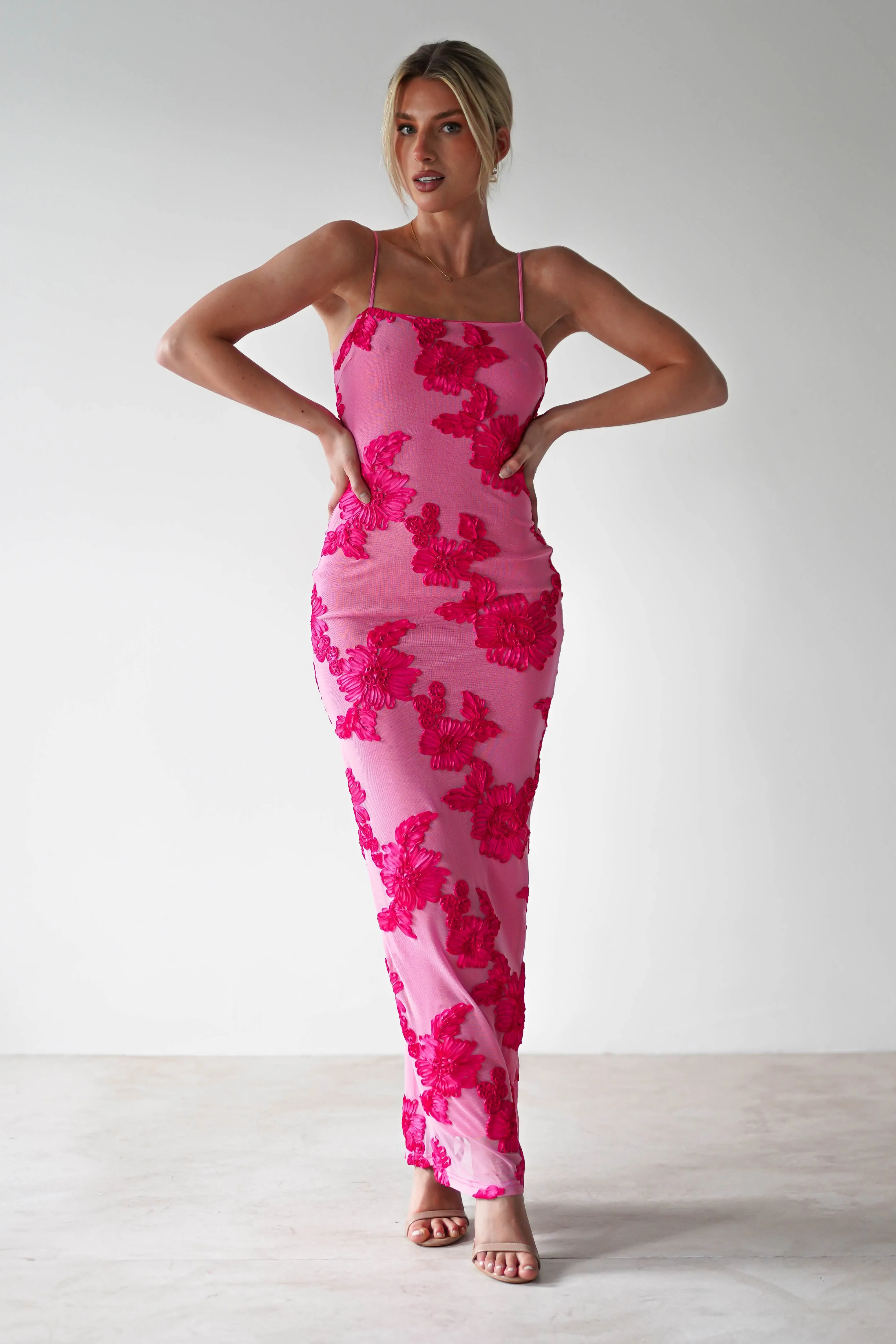 Adora Floral Mesh Maxi Dress | Pink