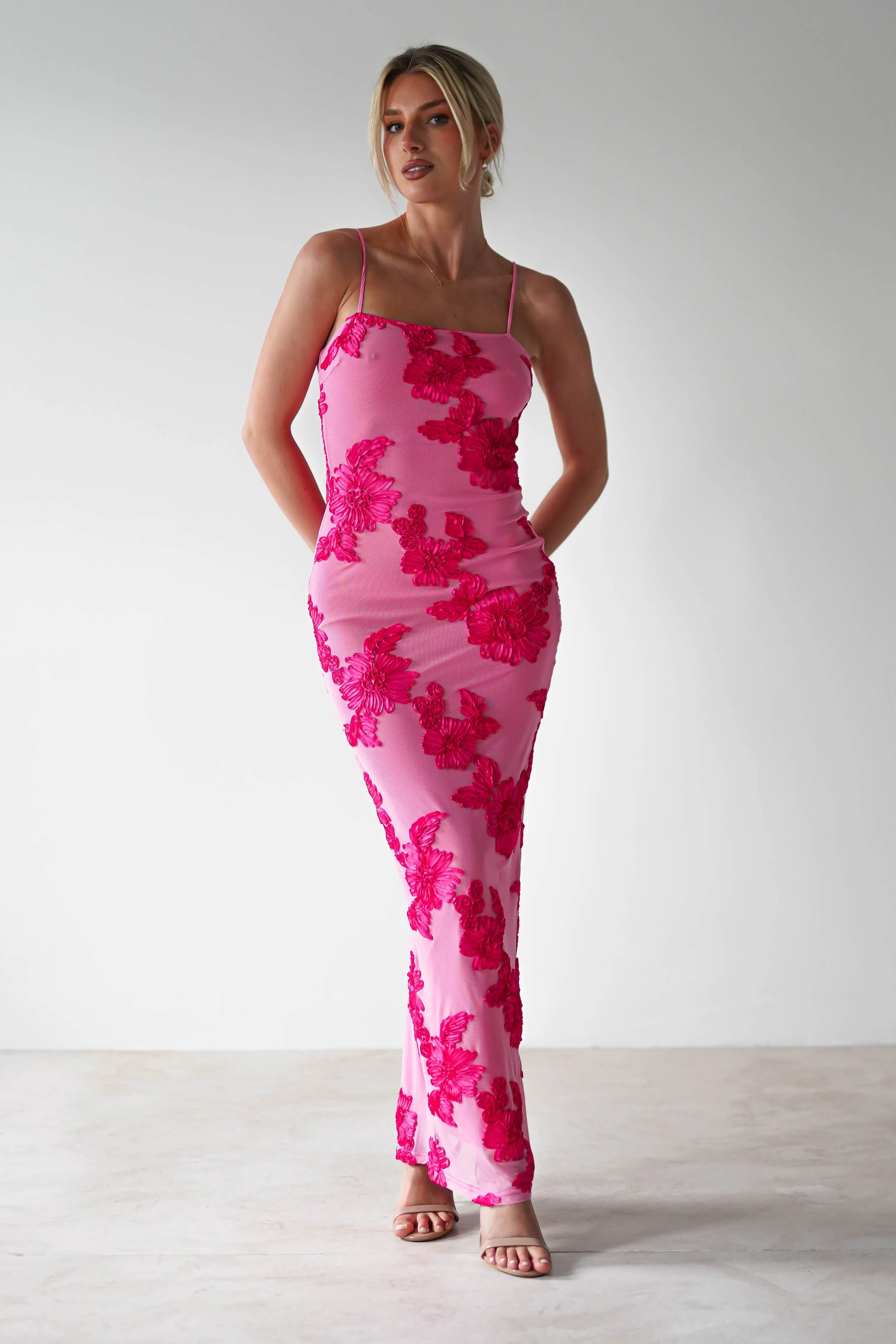 Adora Floral Mesh Maxi Dress | Pink