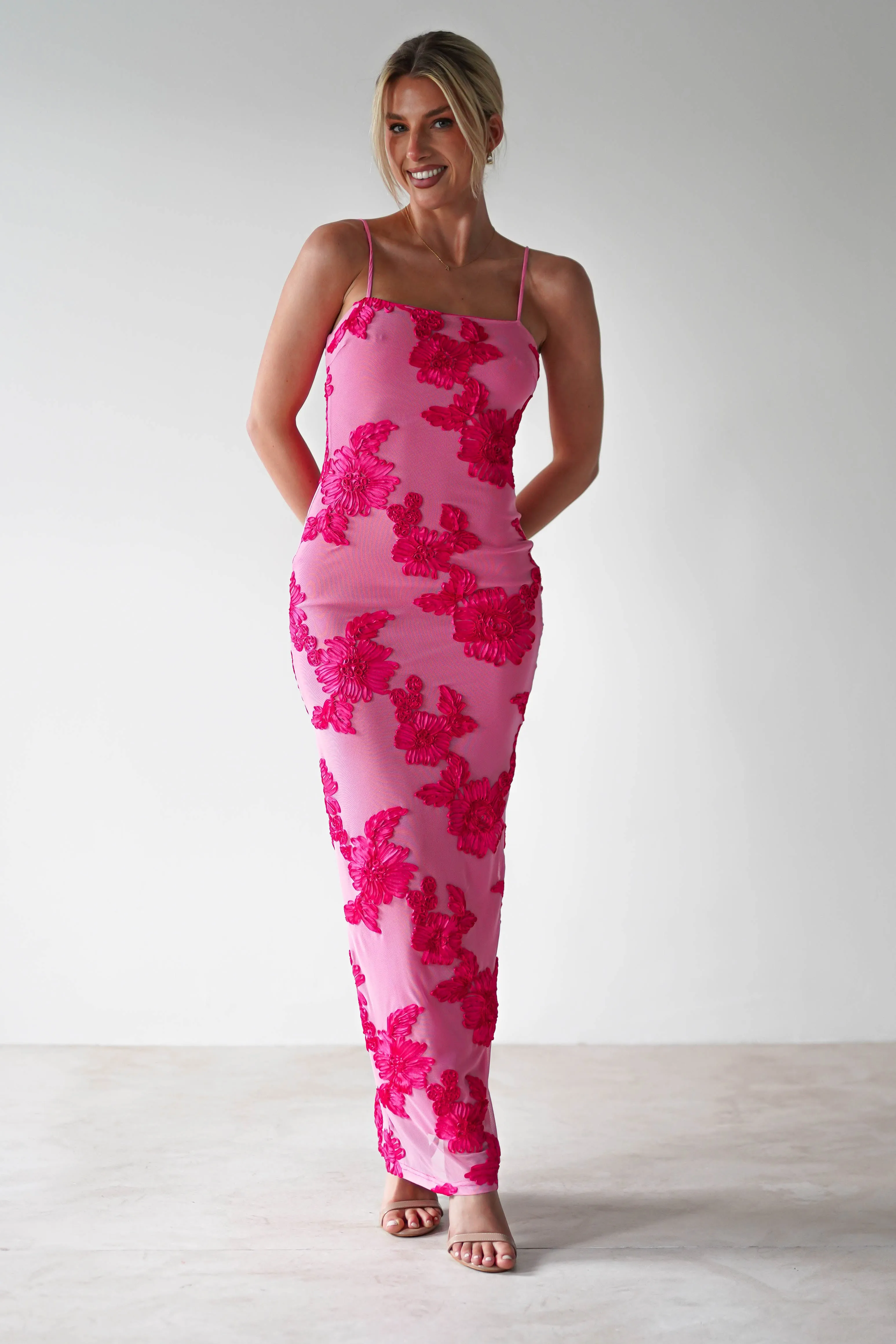 Adora Floral Mesh Maxi Dress | Pink