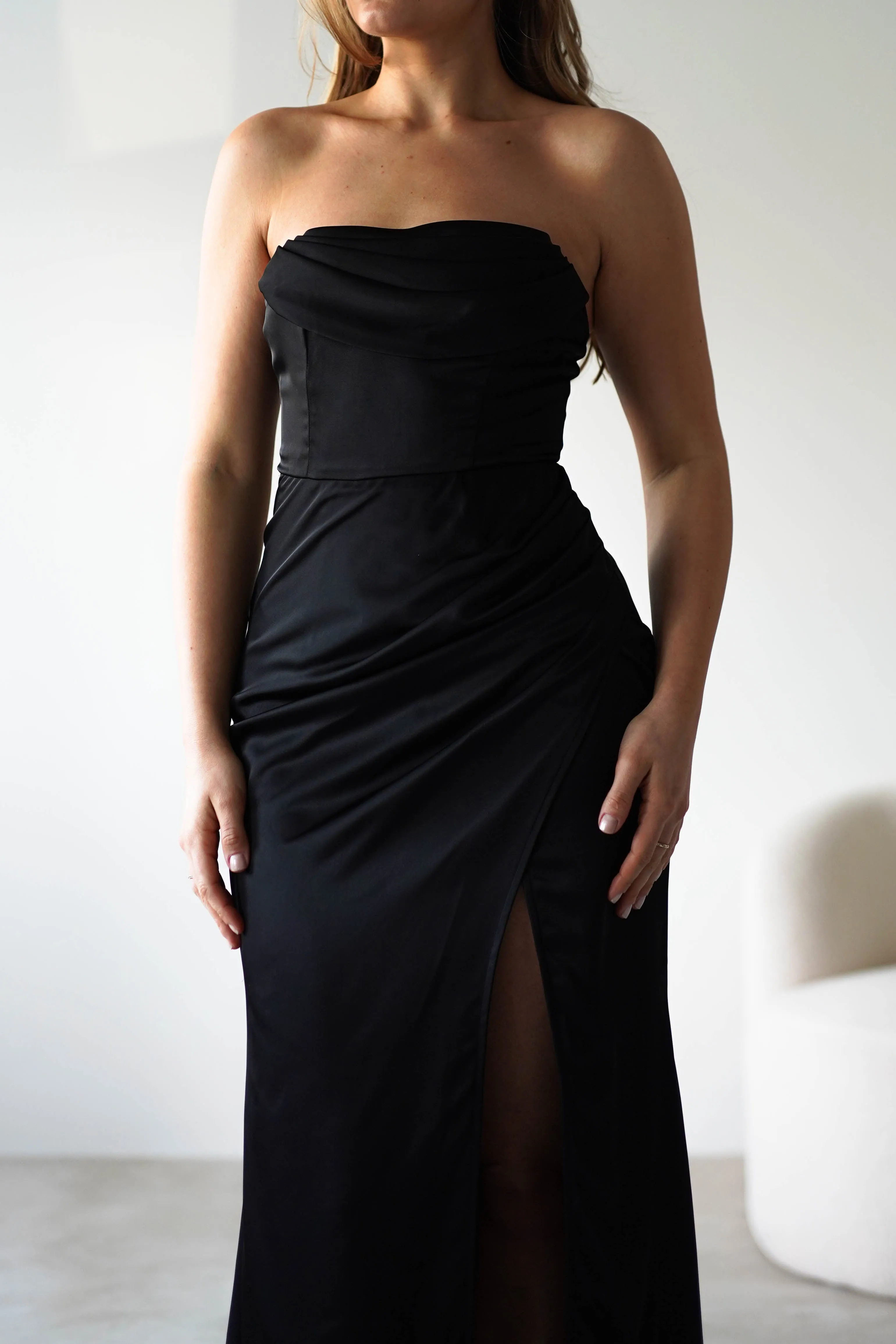 Alyce Soft Satin Strapless Gown | Black