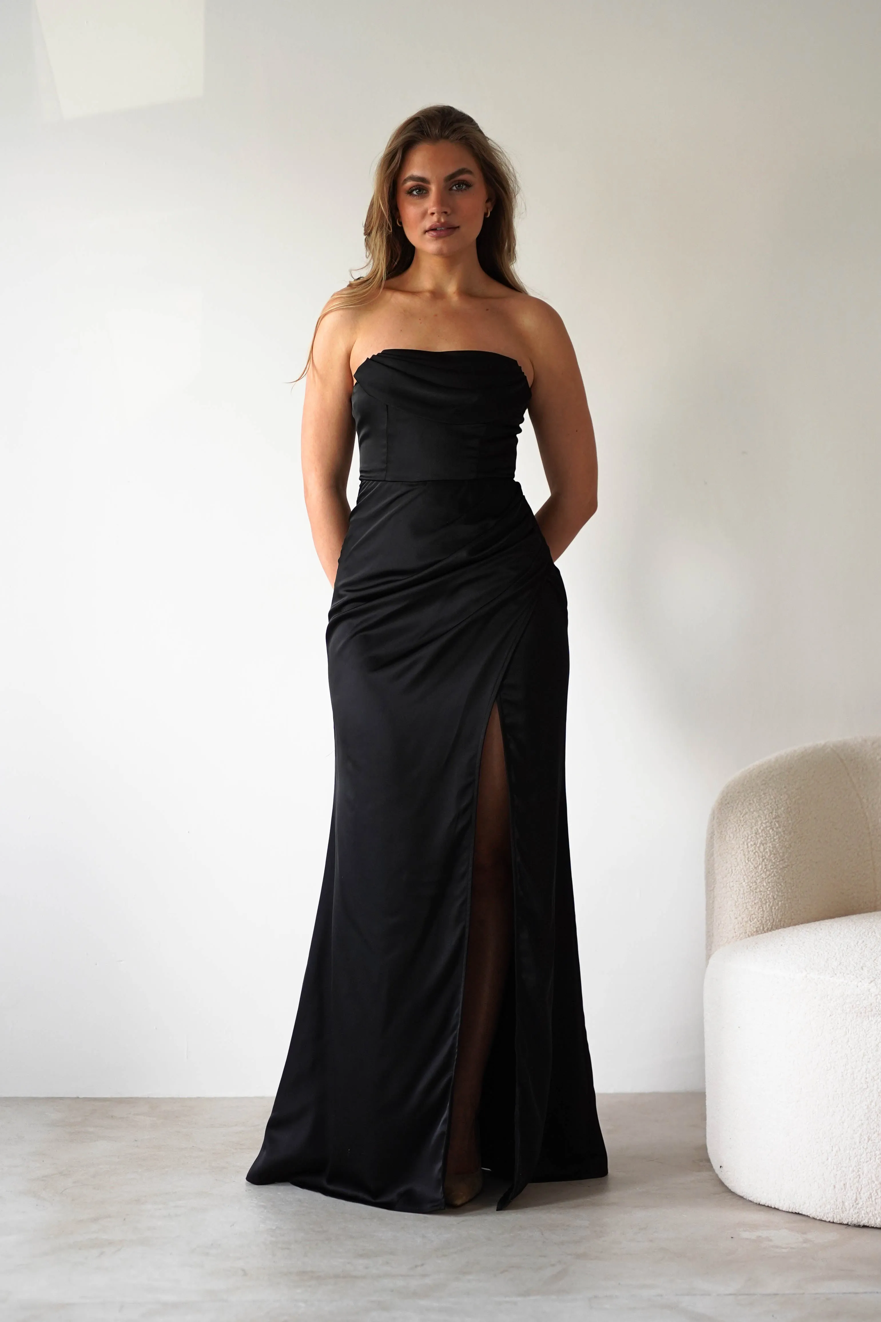 Alyce Soft Satin Strapless Gown | Black