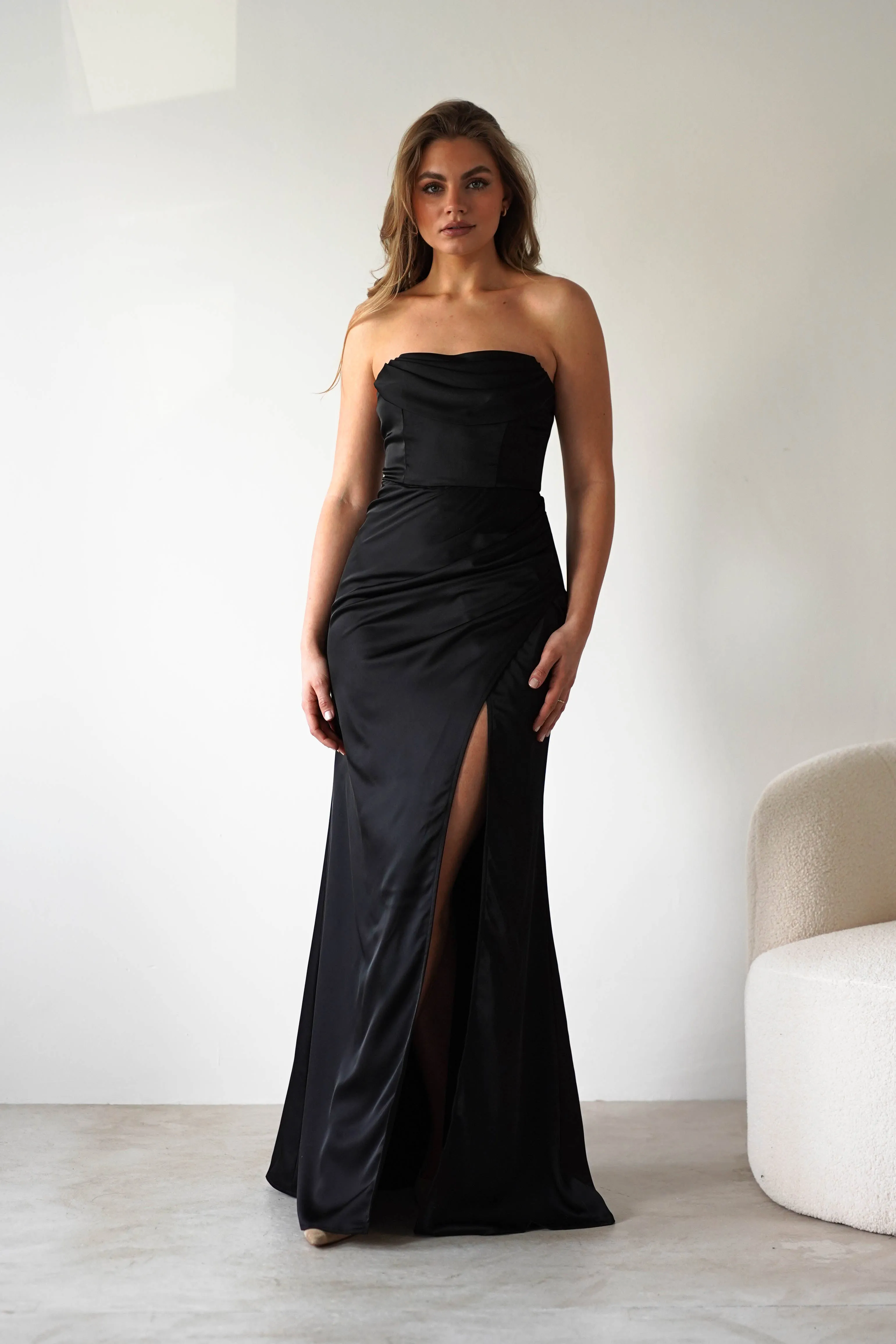 Alyce Soft Satin Strapless Gown | Black