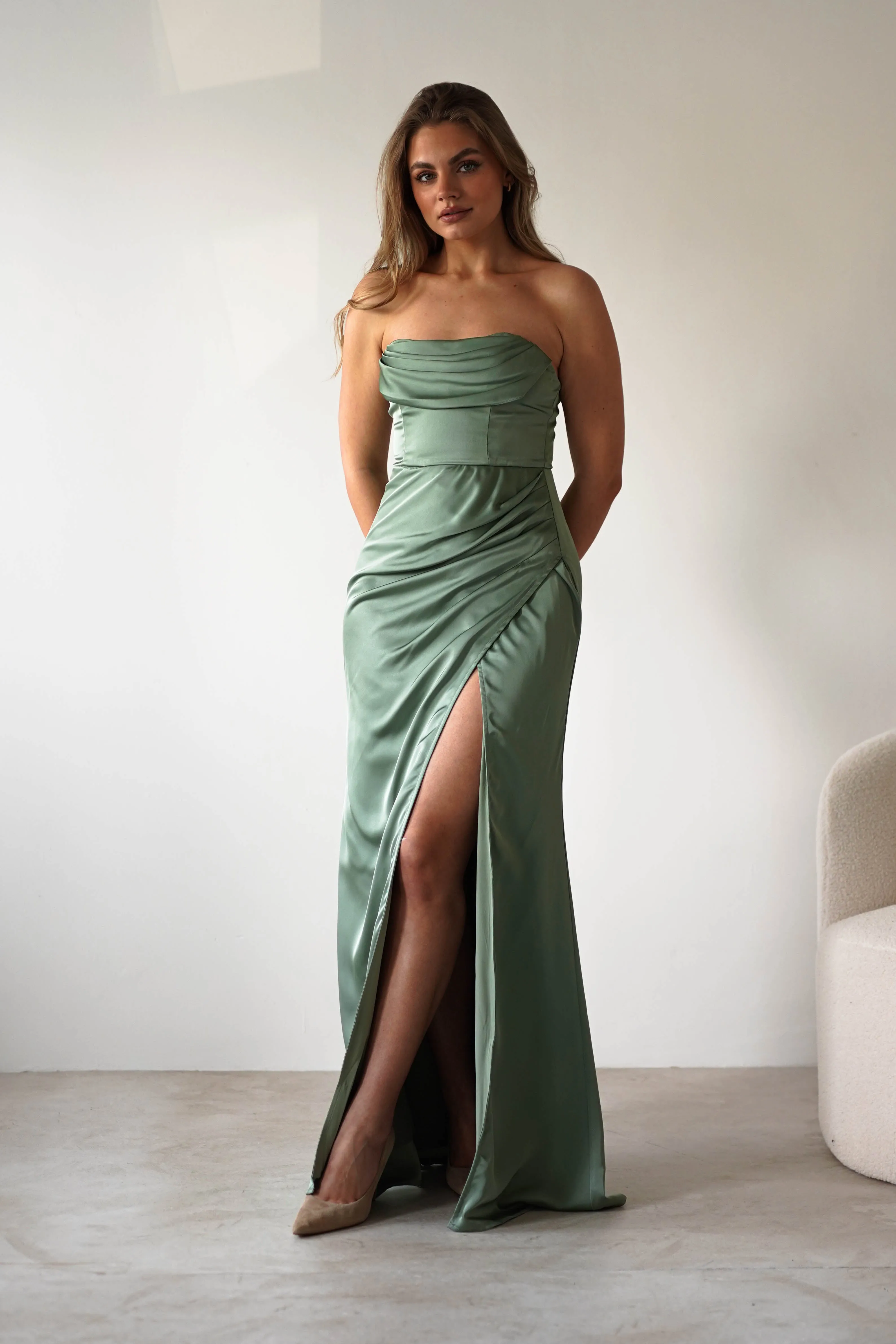 Alyce Soft Satin Strapless Gown | Olive