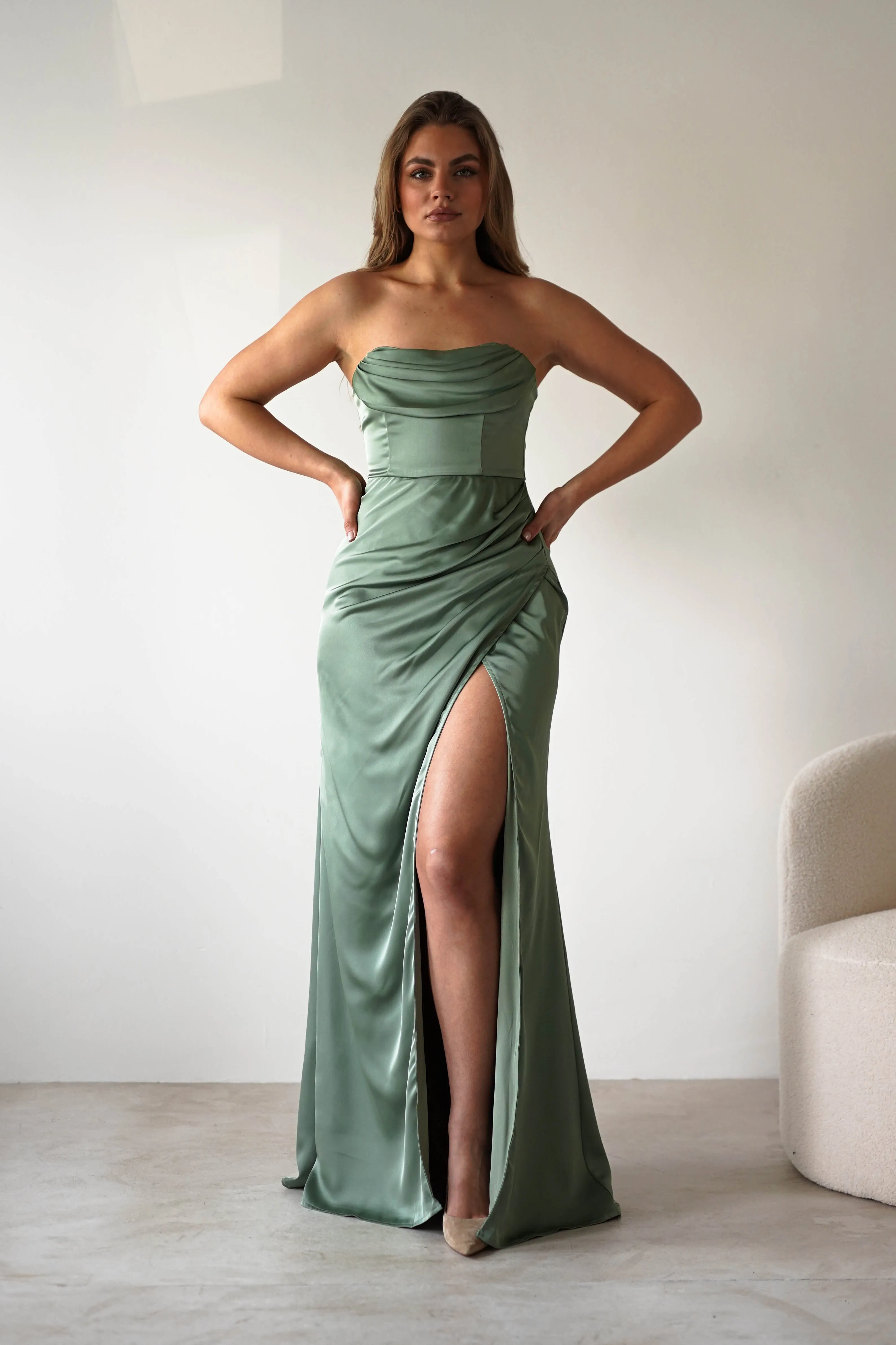 Alyce Soft Satin Strapless Gown | Olive