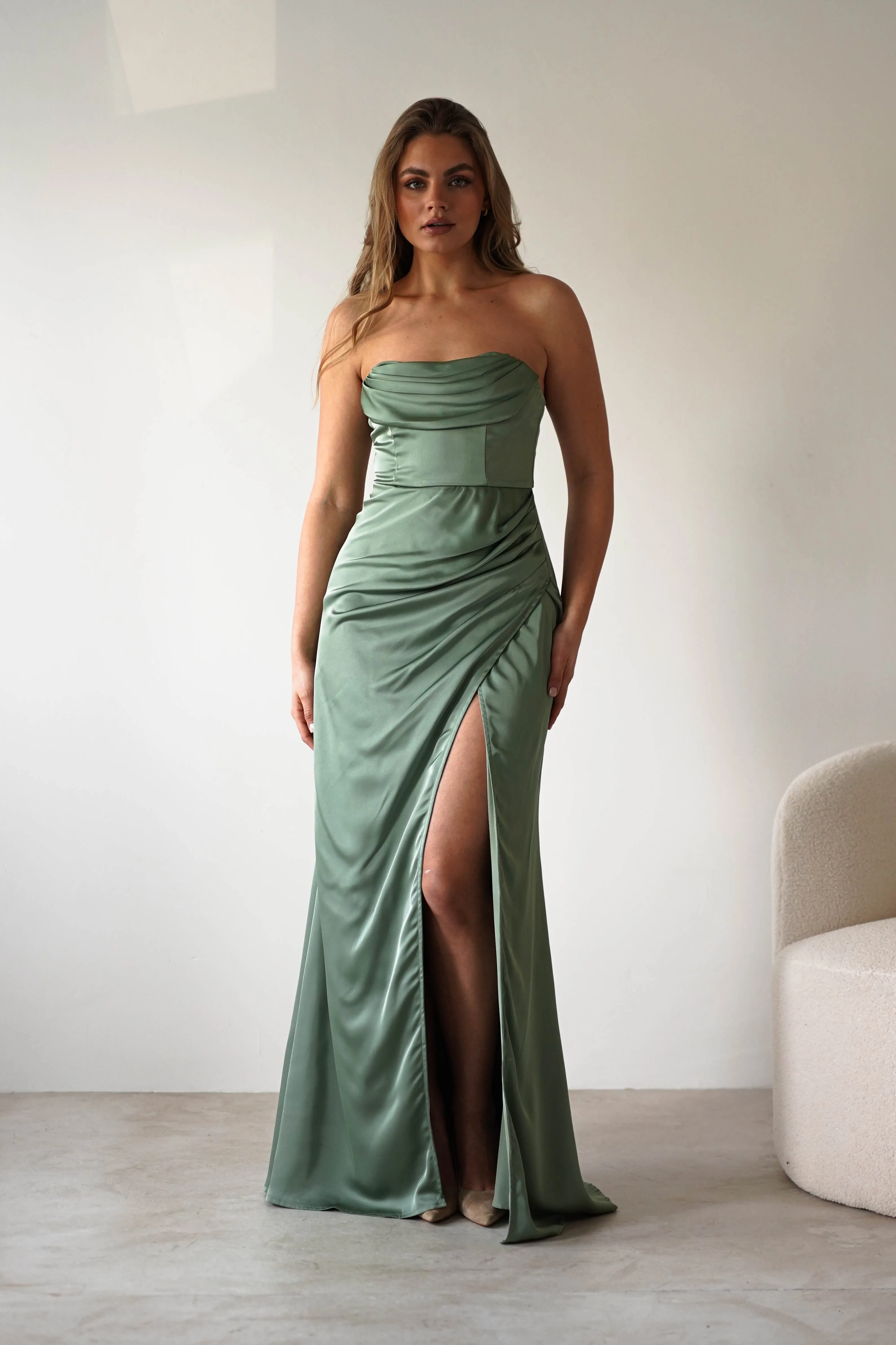 Alyce Soft Satin Strapless Gown | Olive