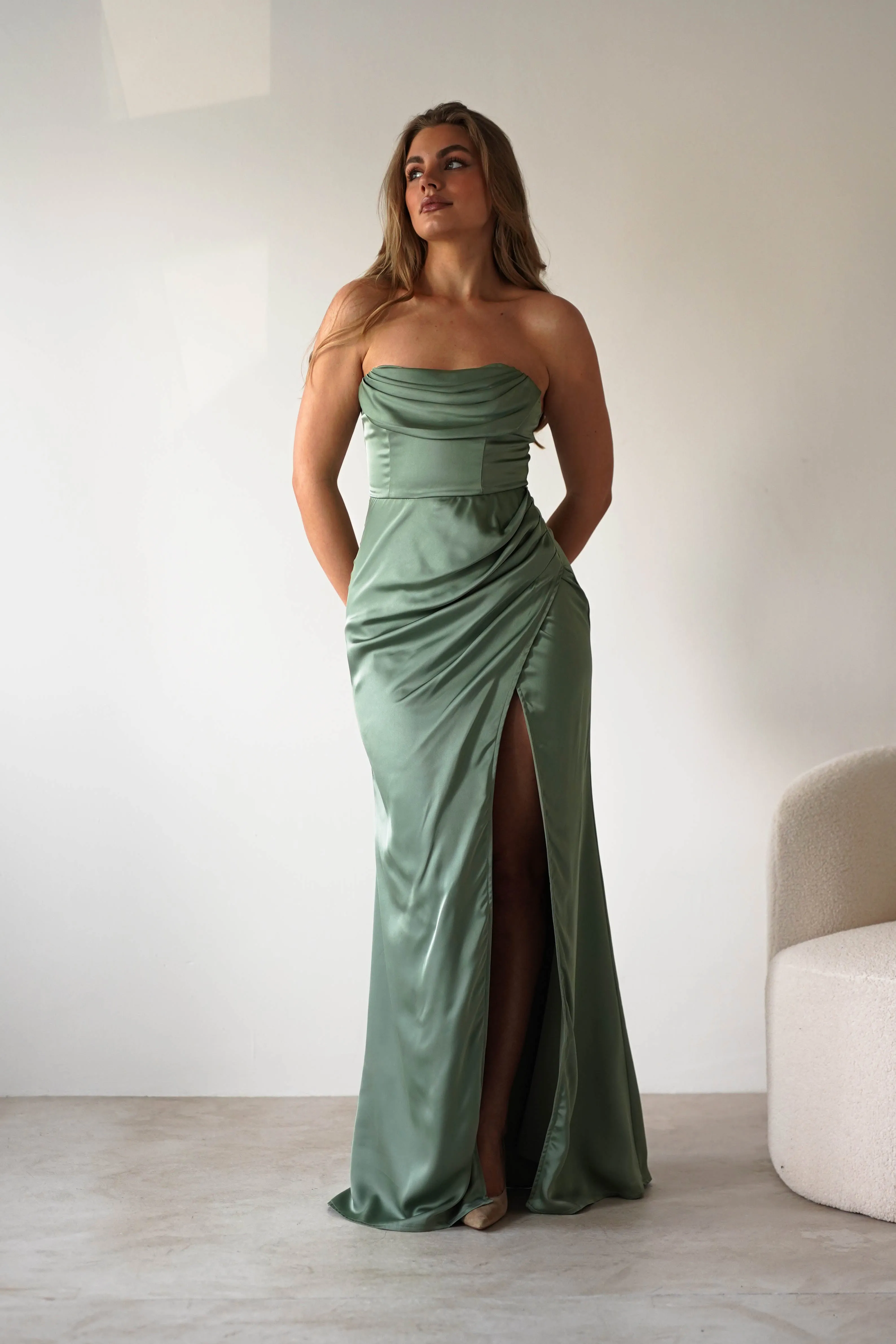 Alyce Soft Satin Strapless Gown | Olive