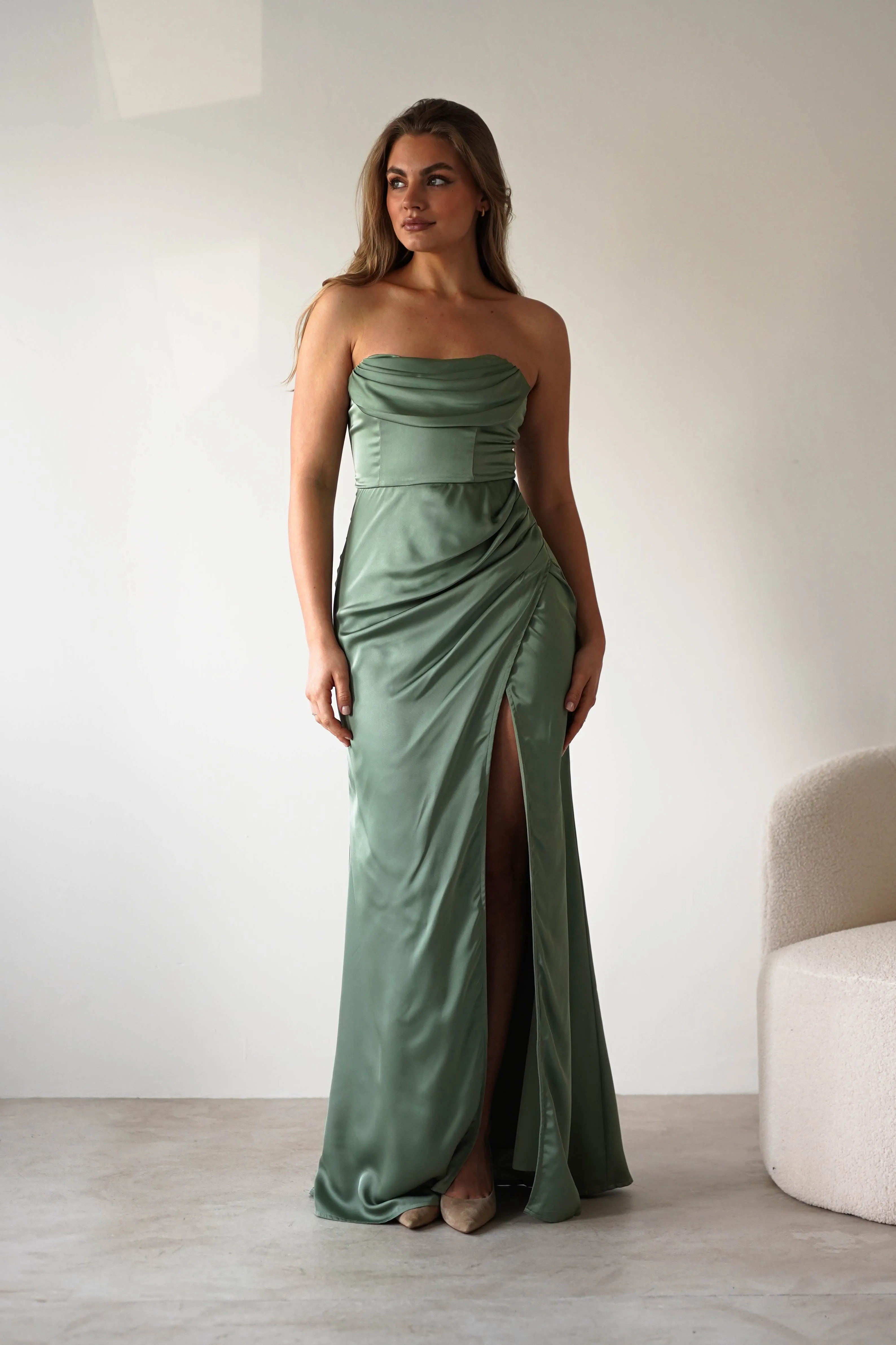 Alyce Soft Satin Strapless Gown | Olive