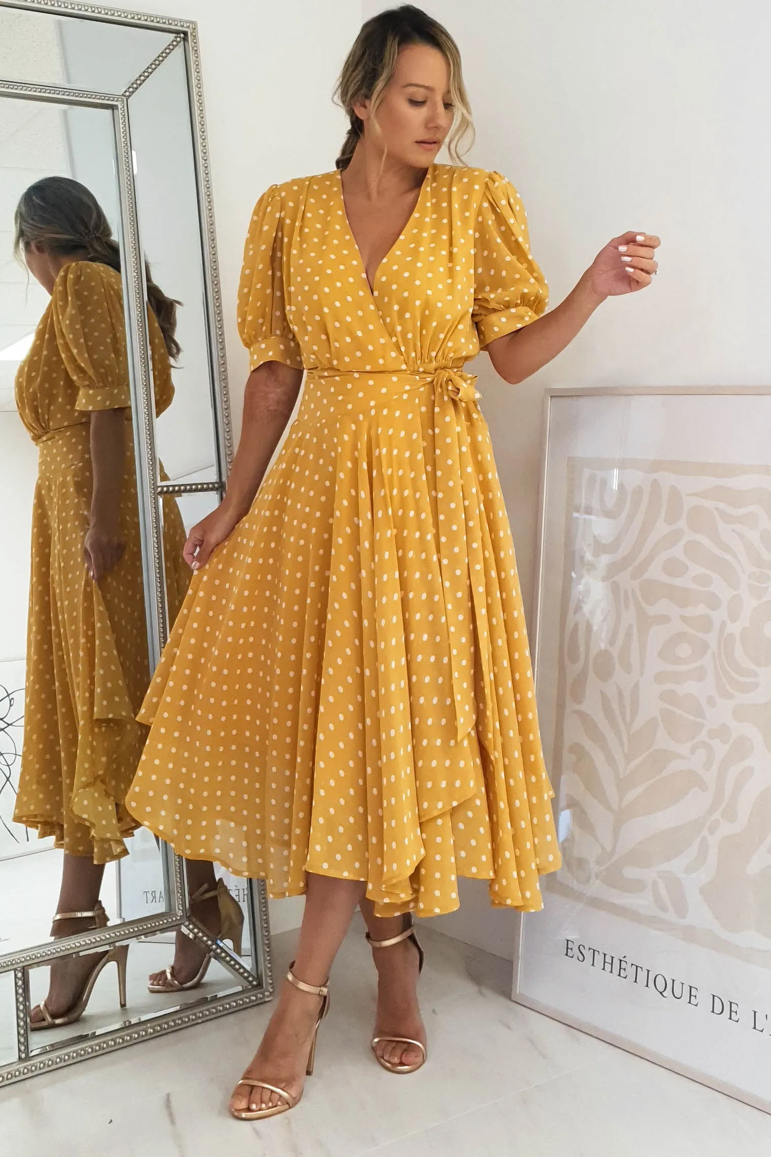 Andrea Polka Dot Midi Dress | Mustard