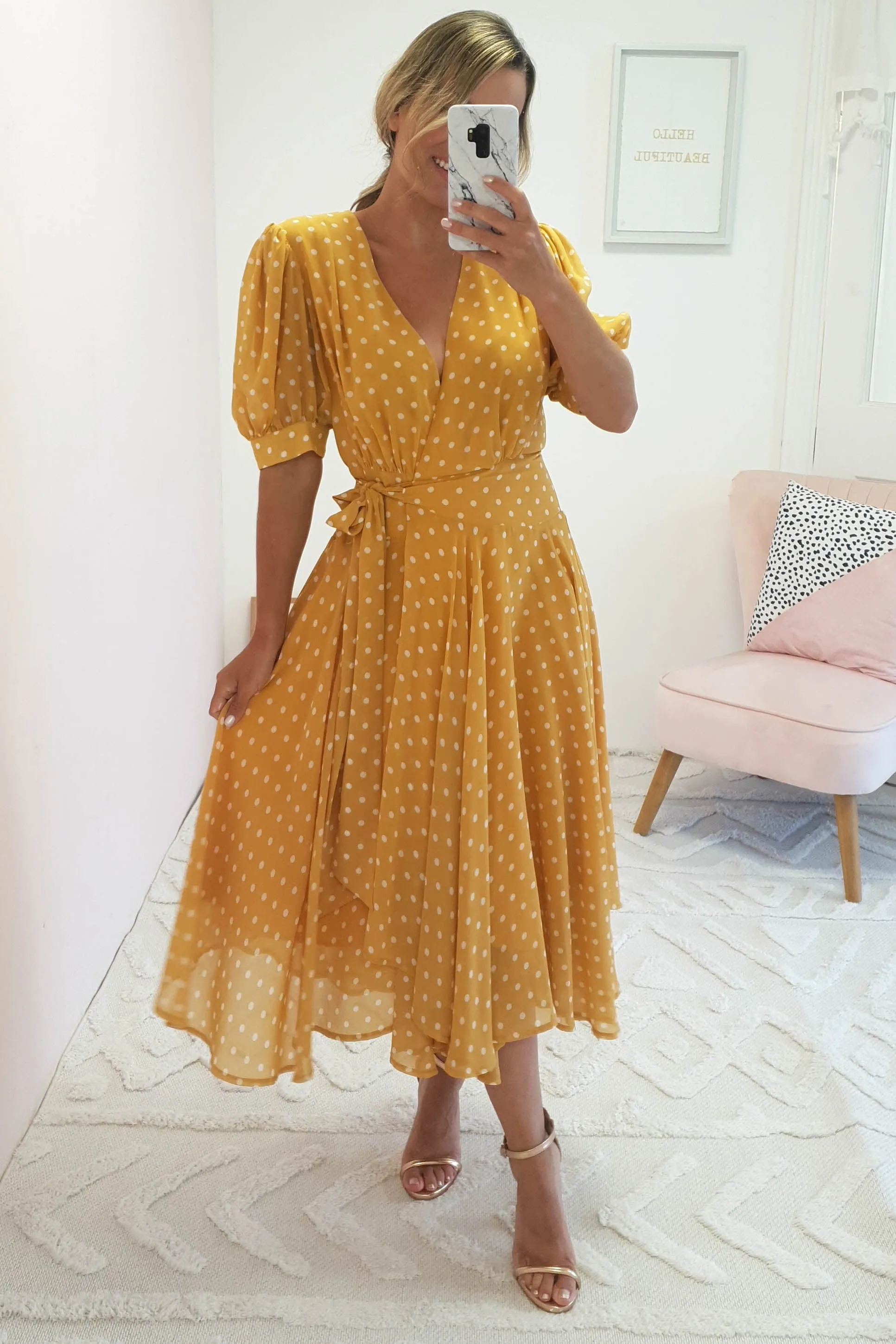 Andrea Polka Dot Midi Dress | Mustard