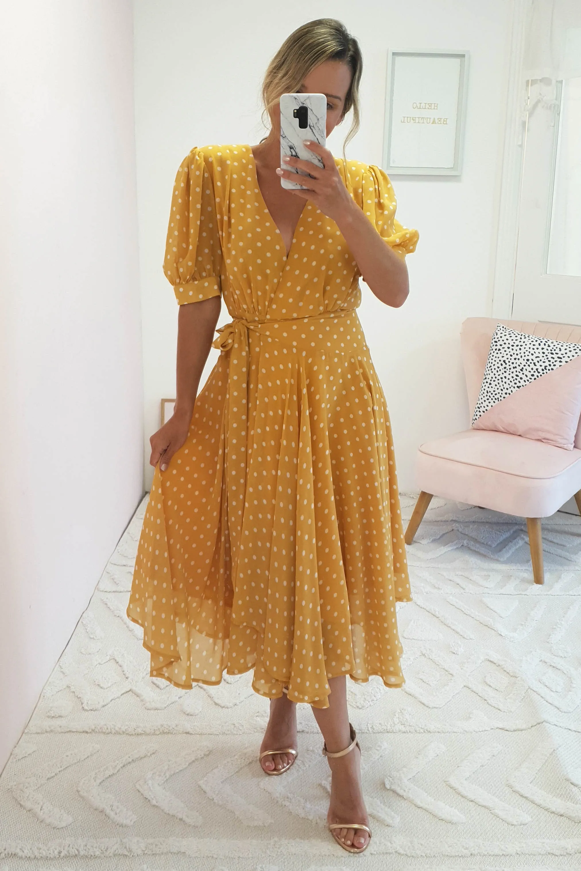 Andrea Polka Dot Midi Dress | Mustard
