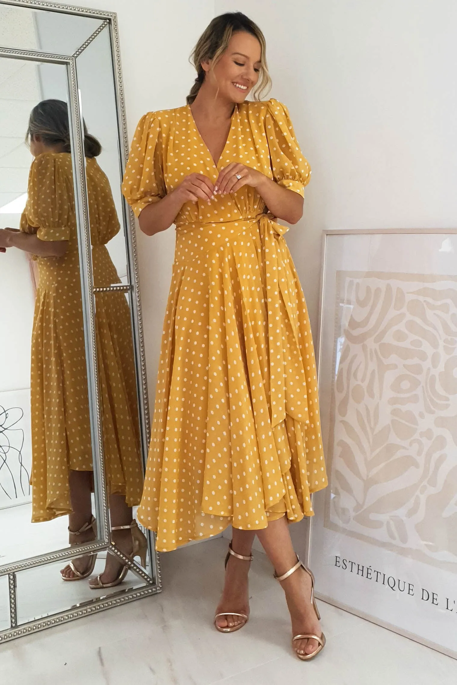Andrea Polka Dot Midi Dress | Mustard