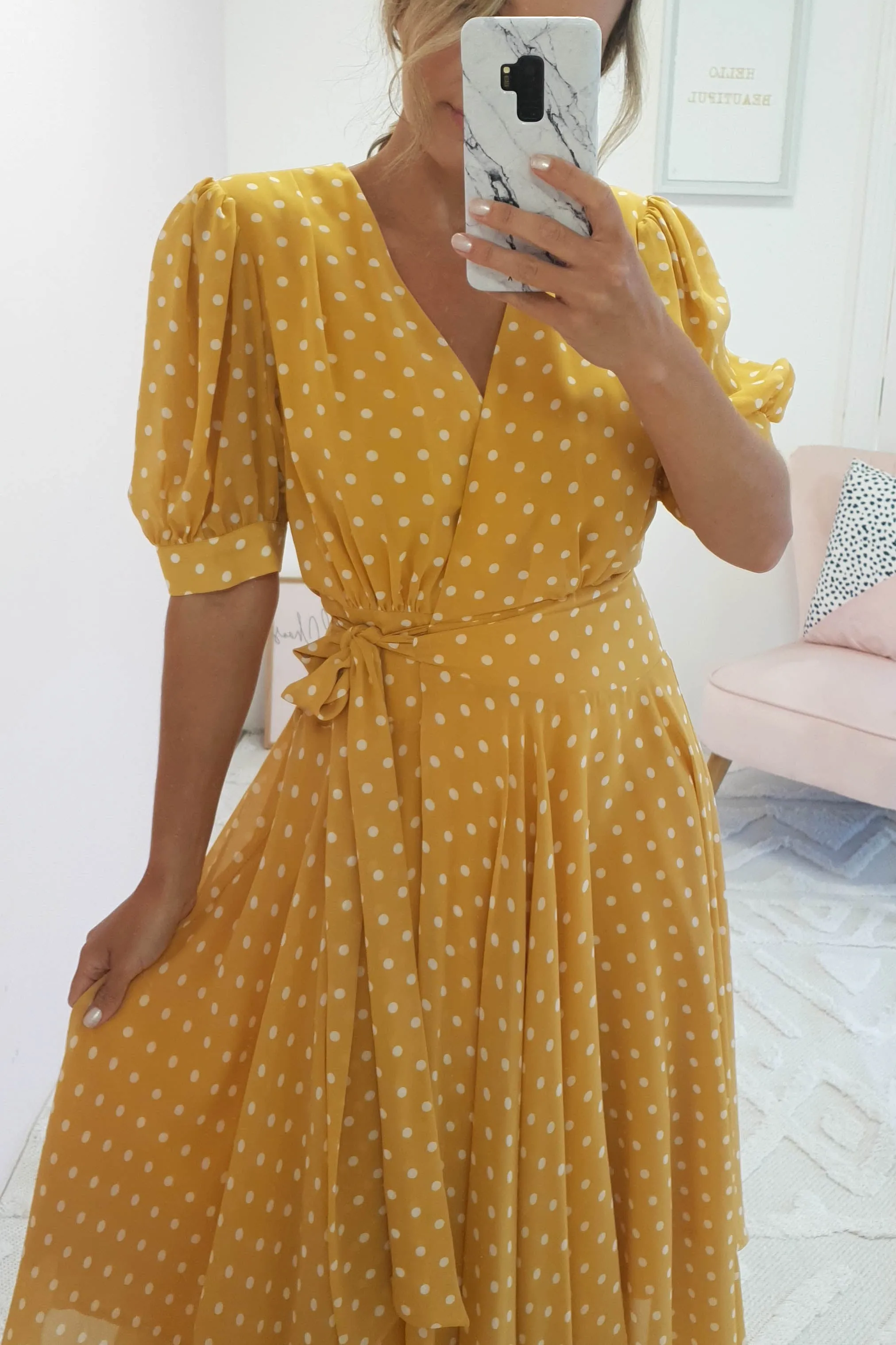 Andrea Polka Dot Midi Dress | Mustard