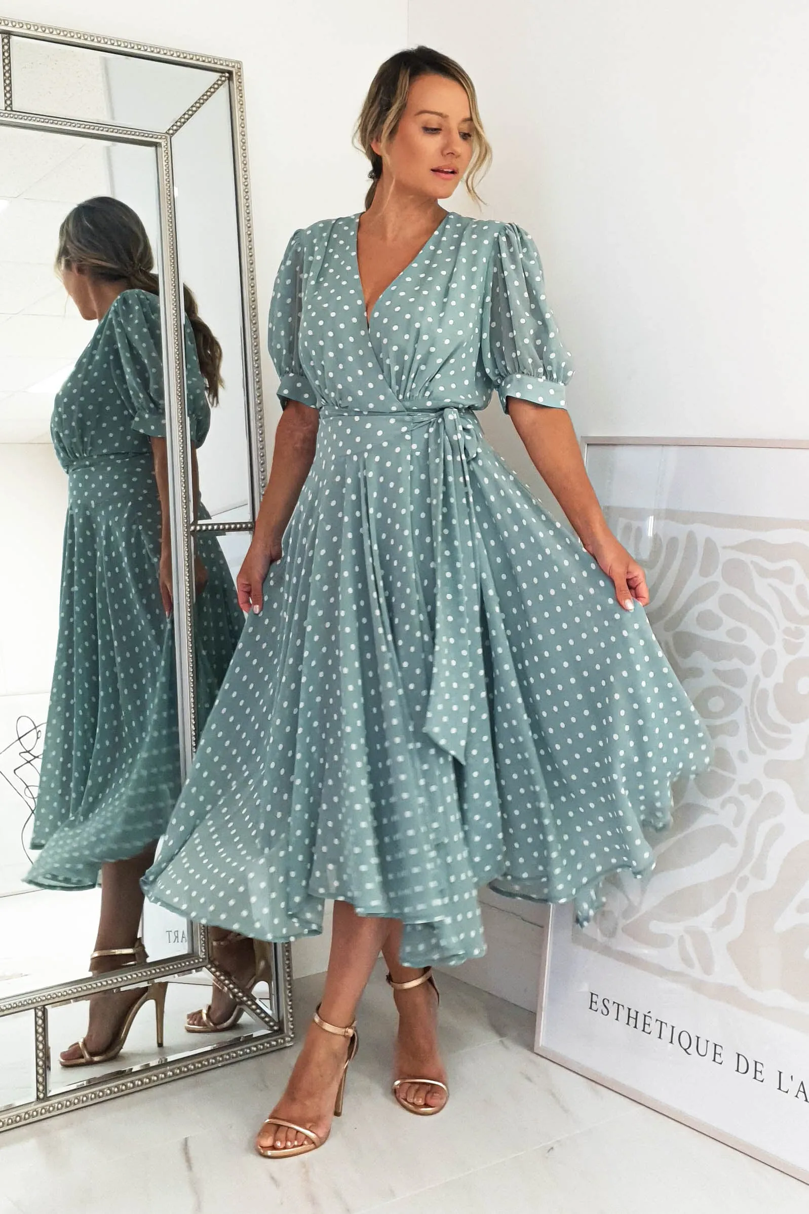 Andrea Polka Dot Midi Dress | Sage