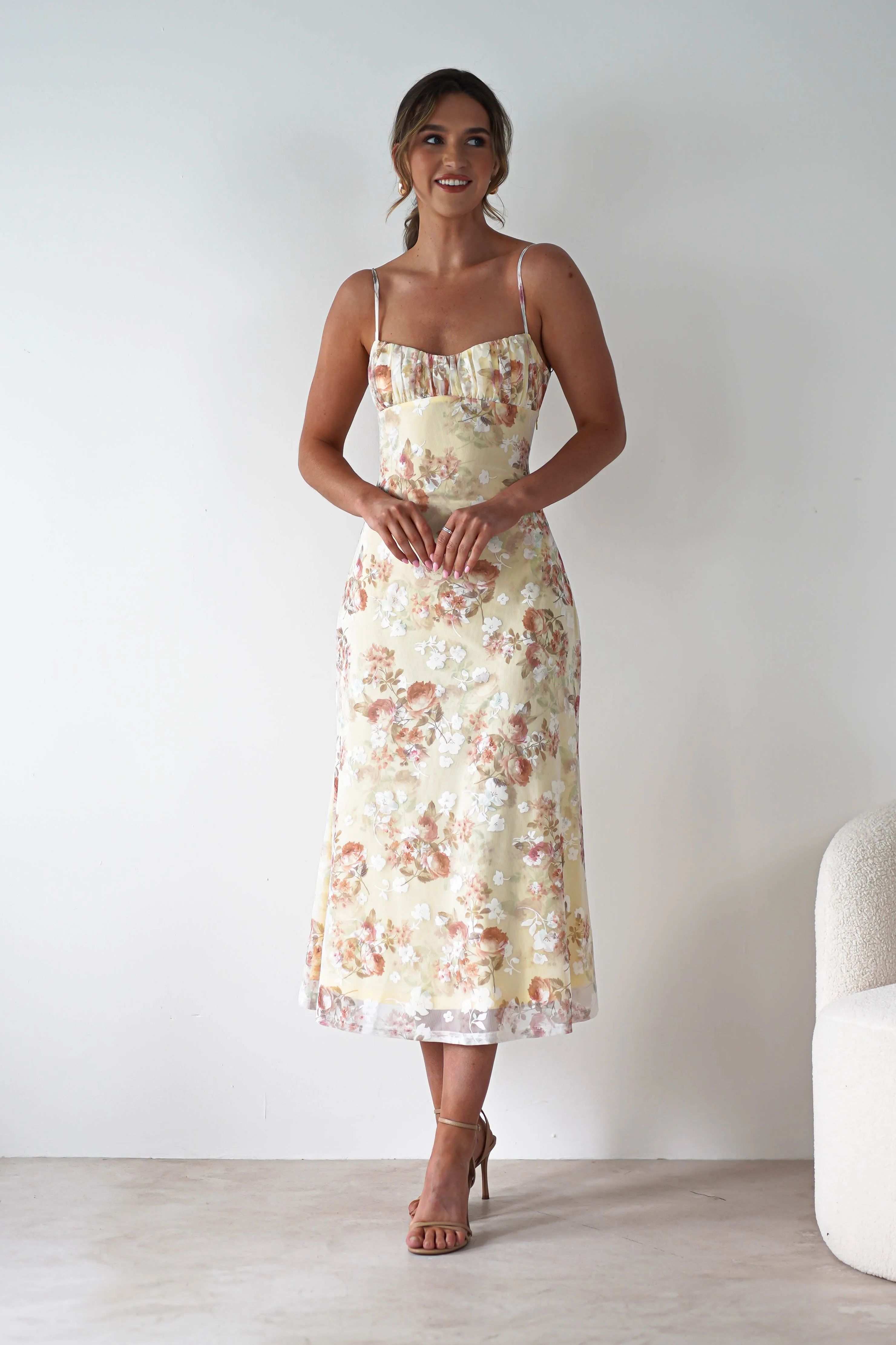 Annabelle Floral Print Midaxi Dress | Yellow