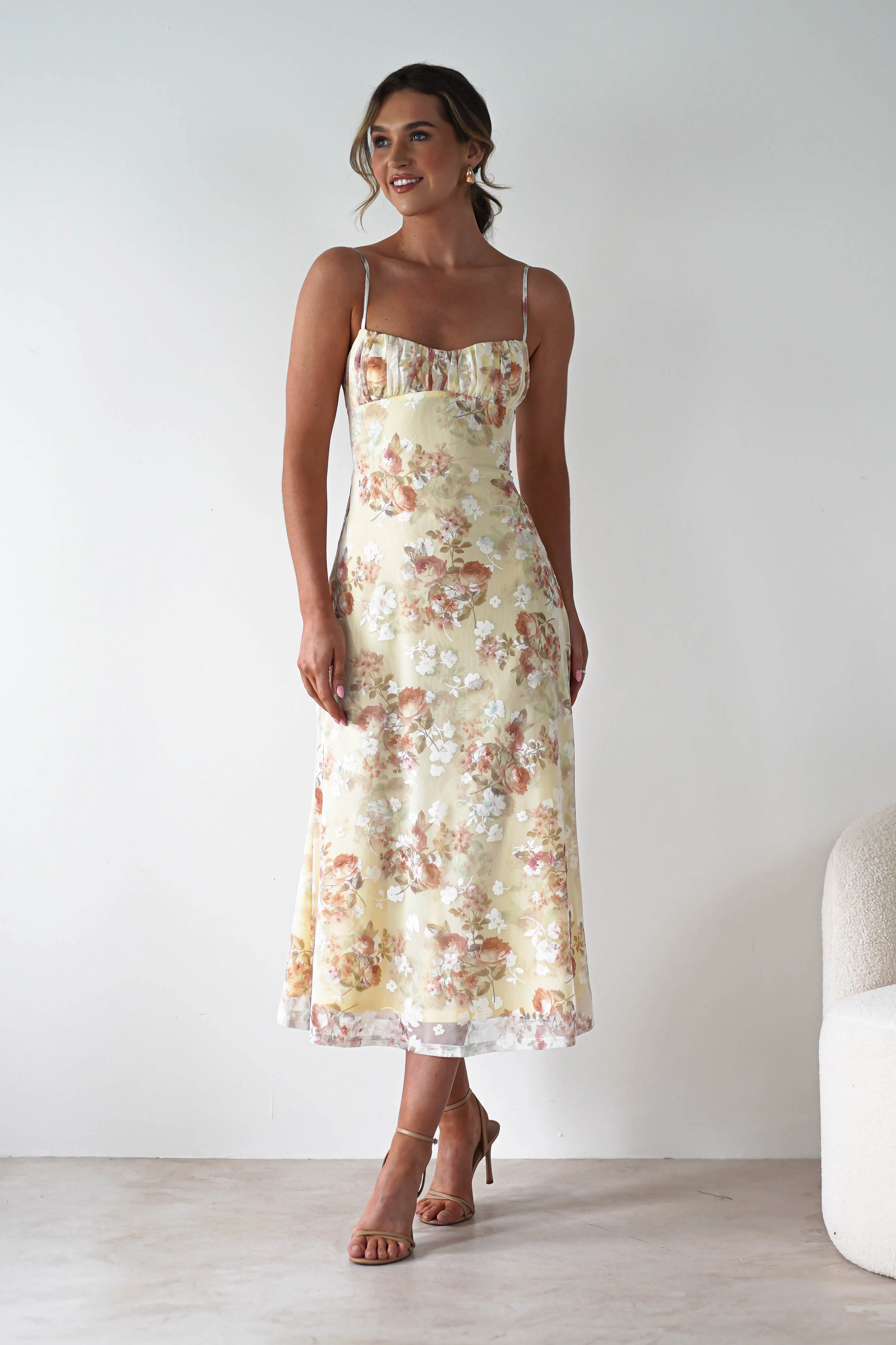 Annabelle Floral Print Midaxi Dress | Yellow