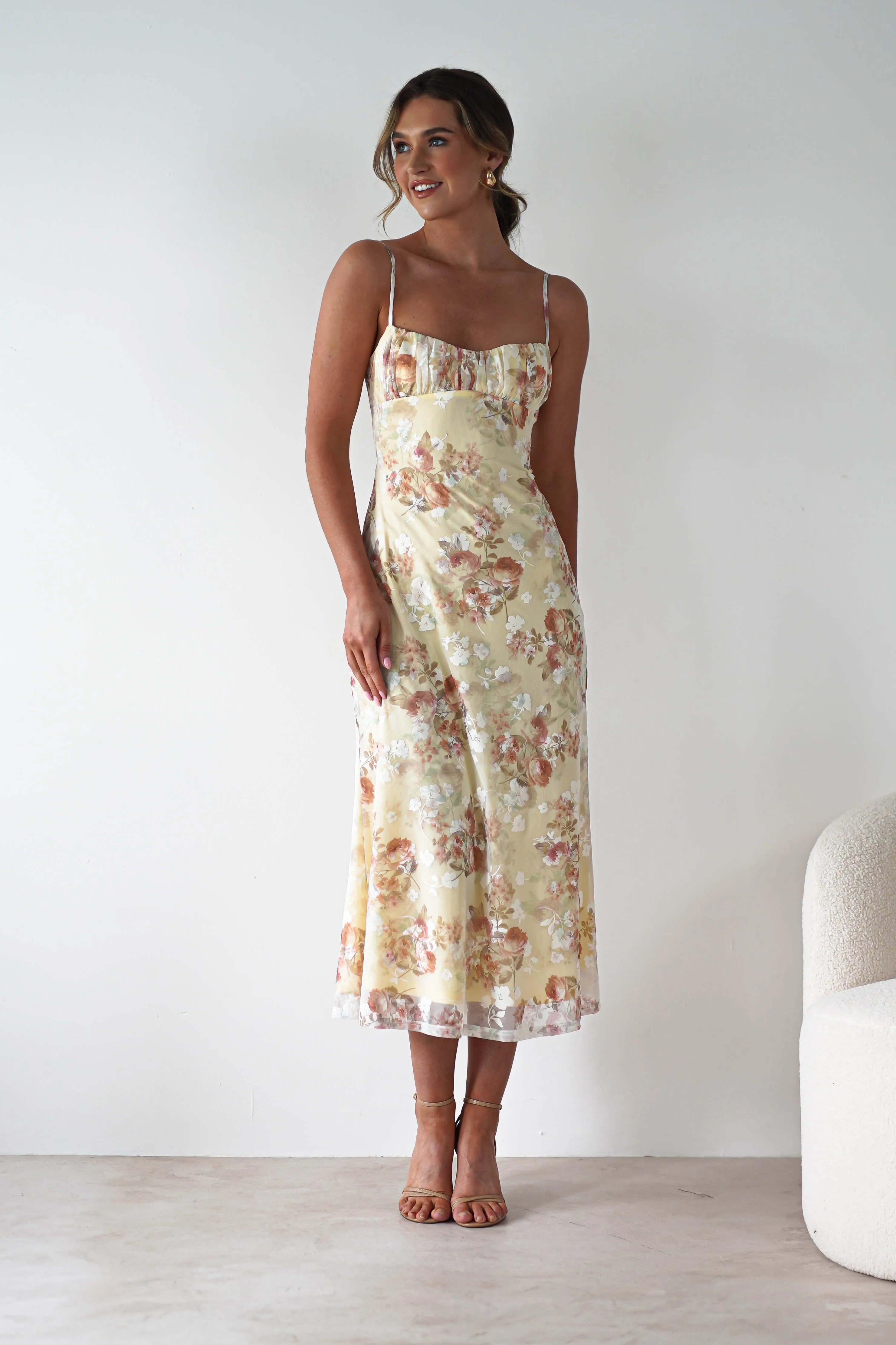 Annabelle Floral Print Midaxi Dress | Yellow