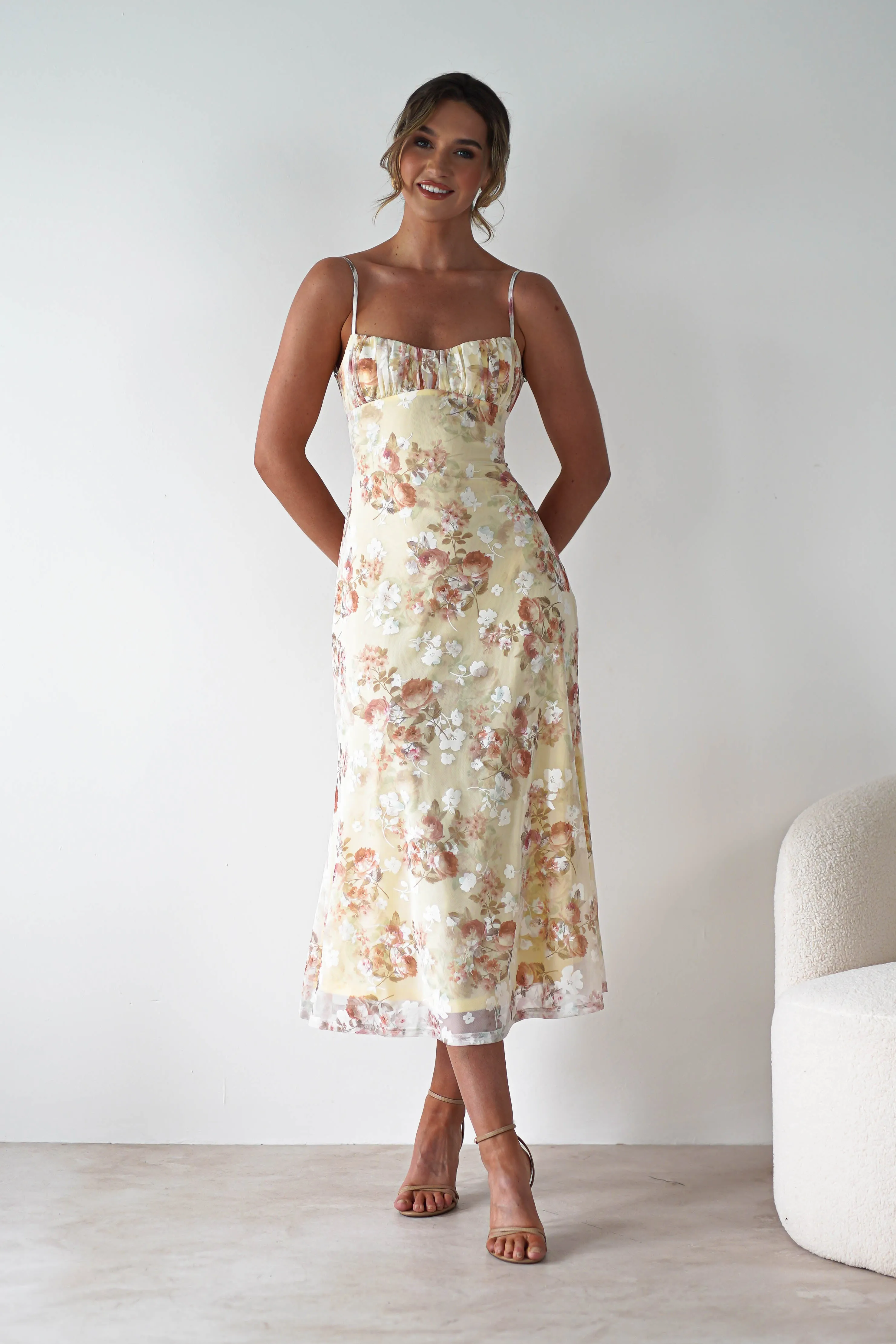 Annabelle Floral Print Midaxi Dress | Yellow
