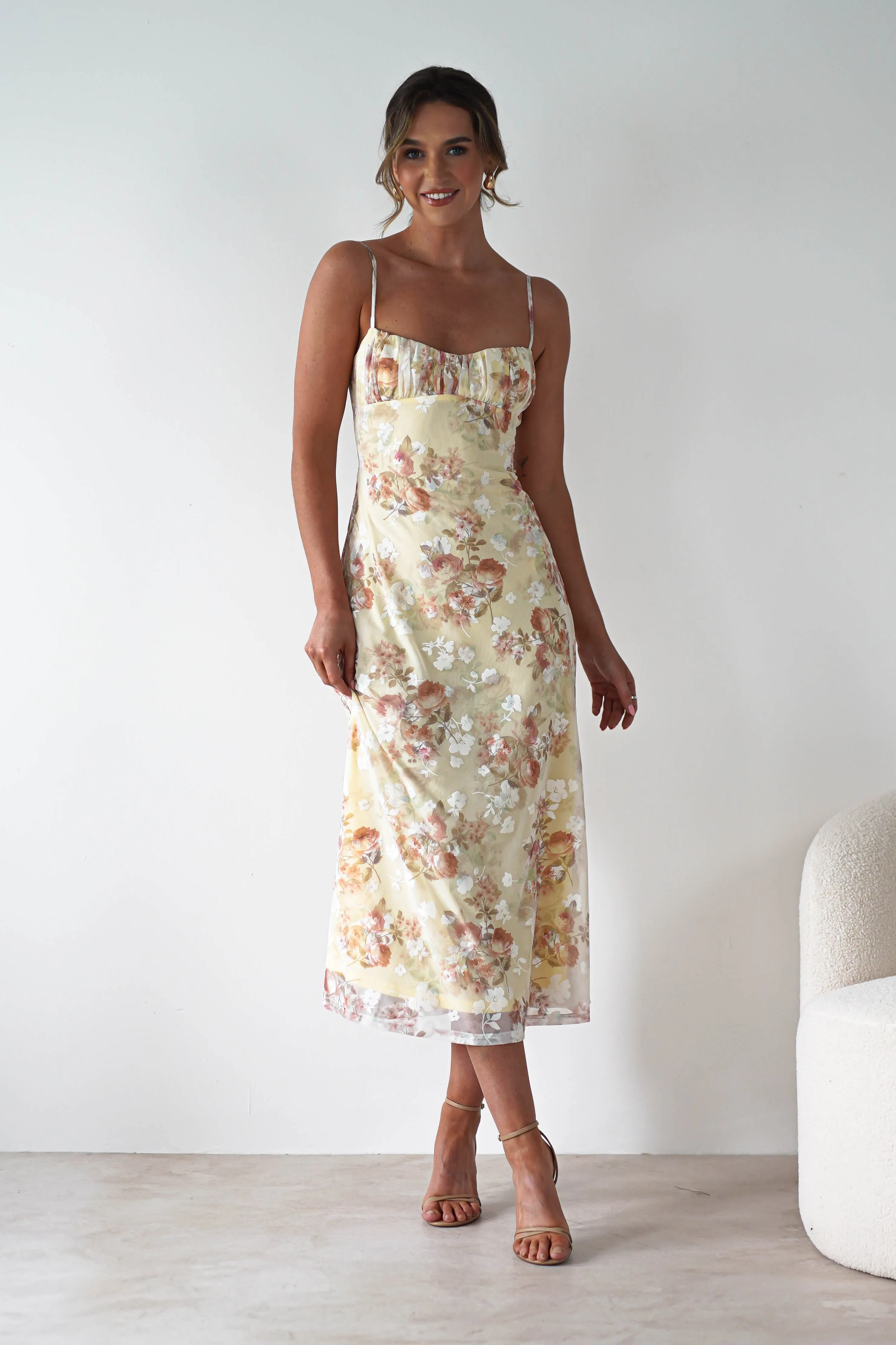 Annabelle Floral Print Midaxi Dress | Yellow