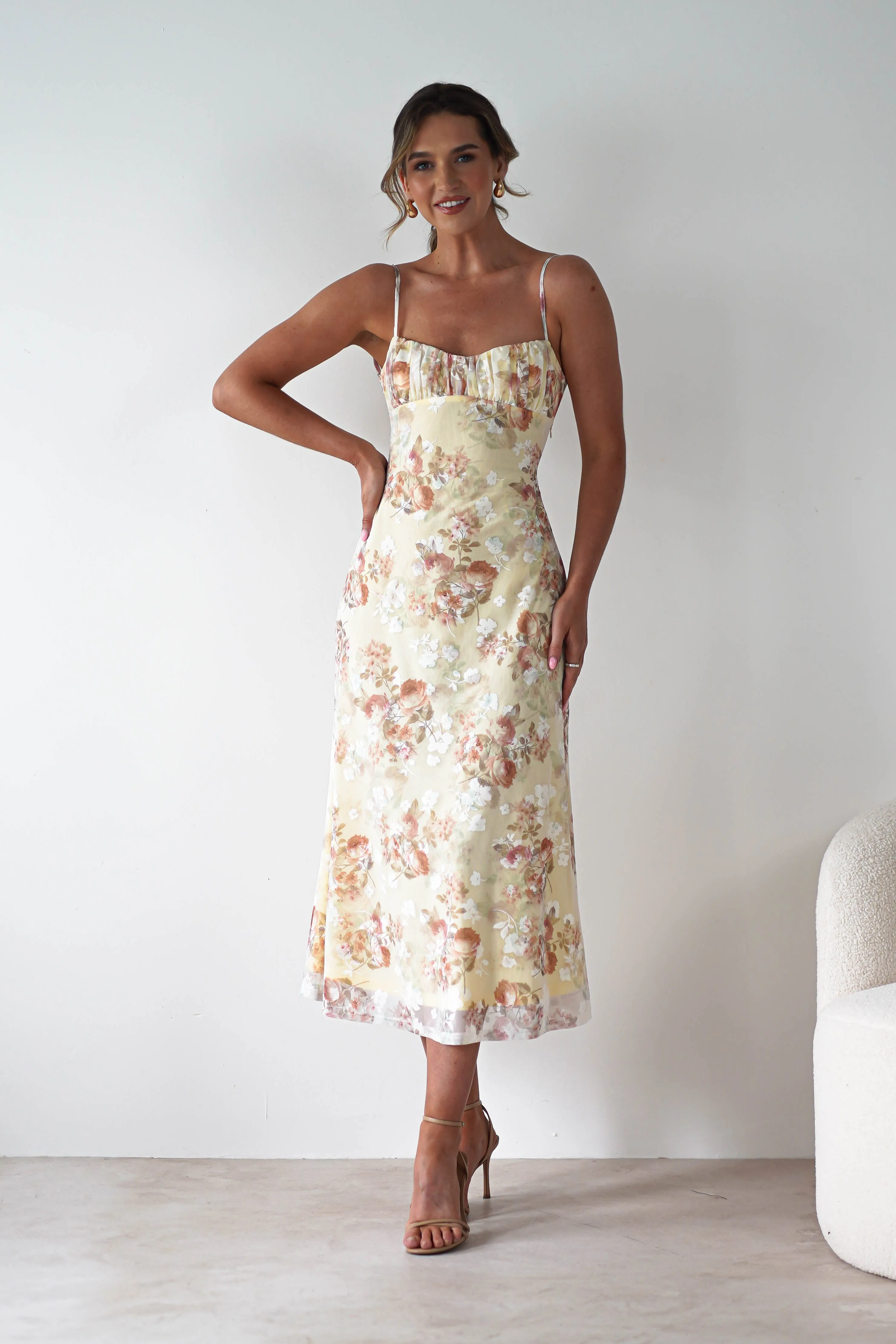 Annabelle Floral Print Midaxi Dress | Yellow