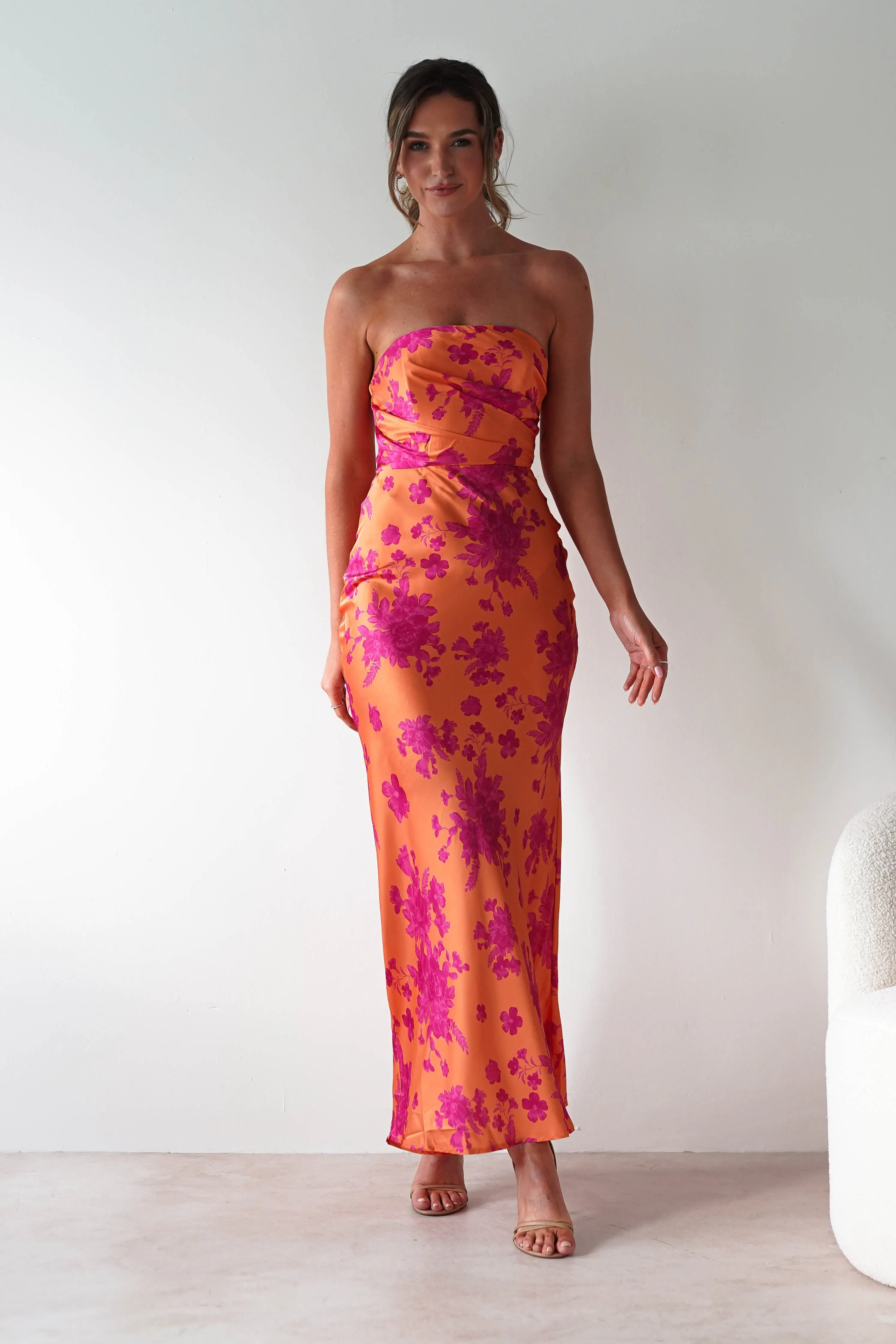Anthonia Floral Satin Maxi Dress | Orange/Pink