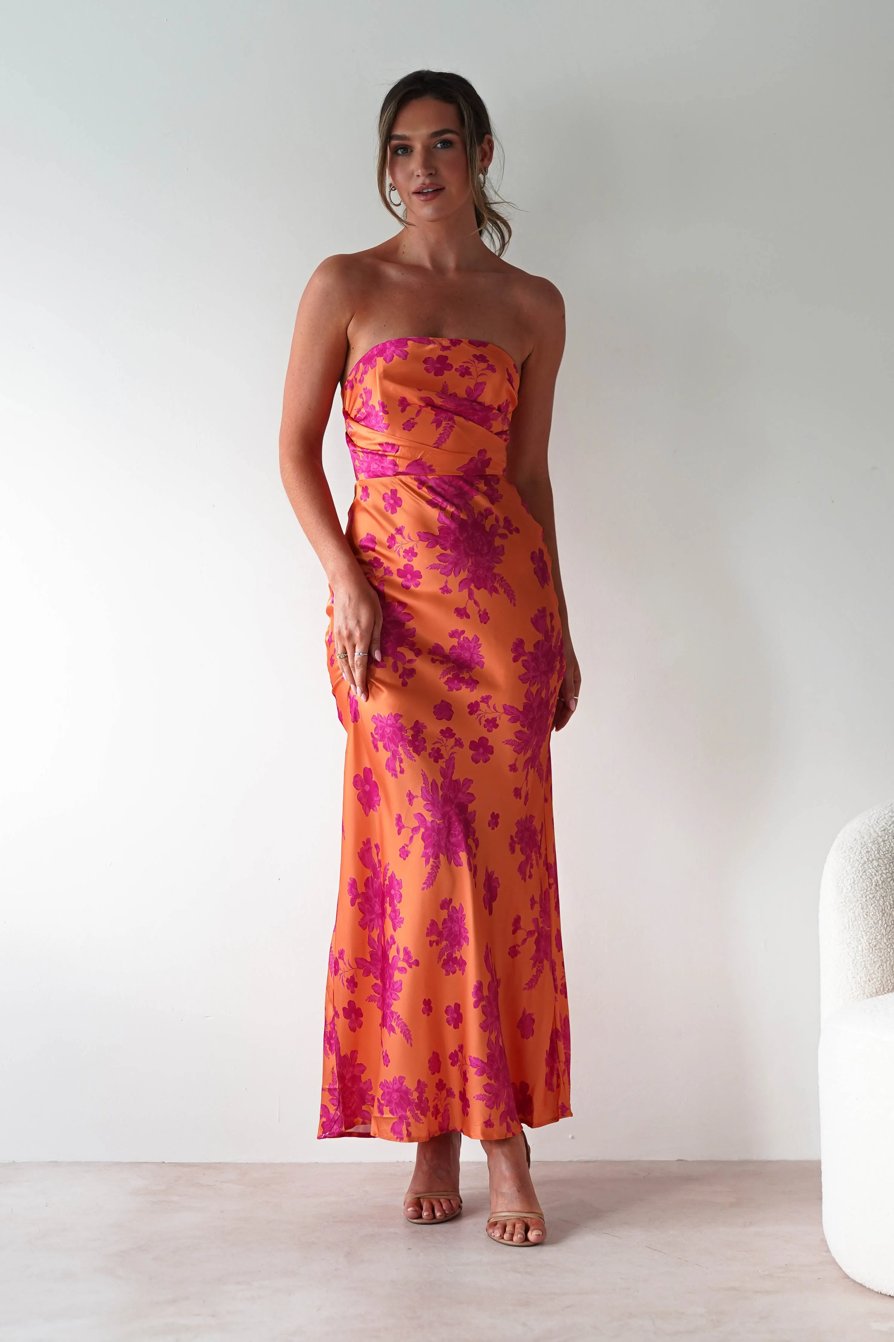 Anthonia Floral Satin Maxi Dress | Orange/Pink