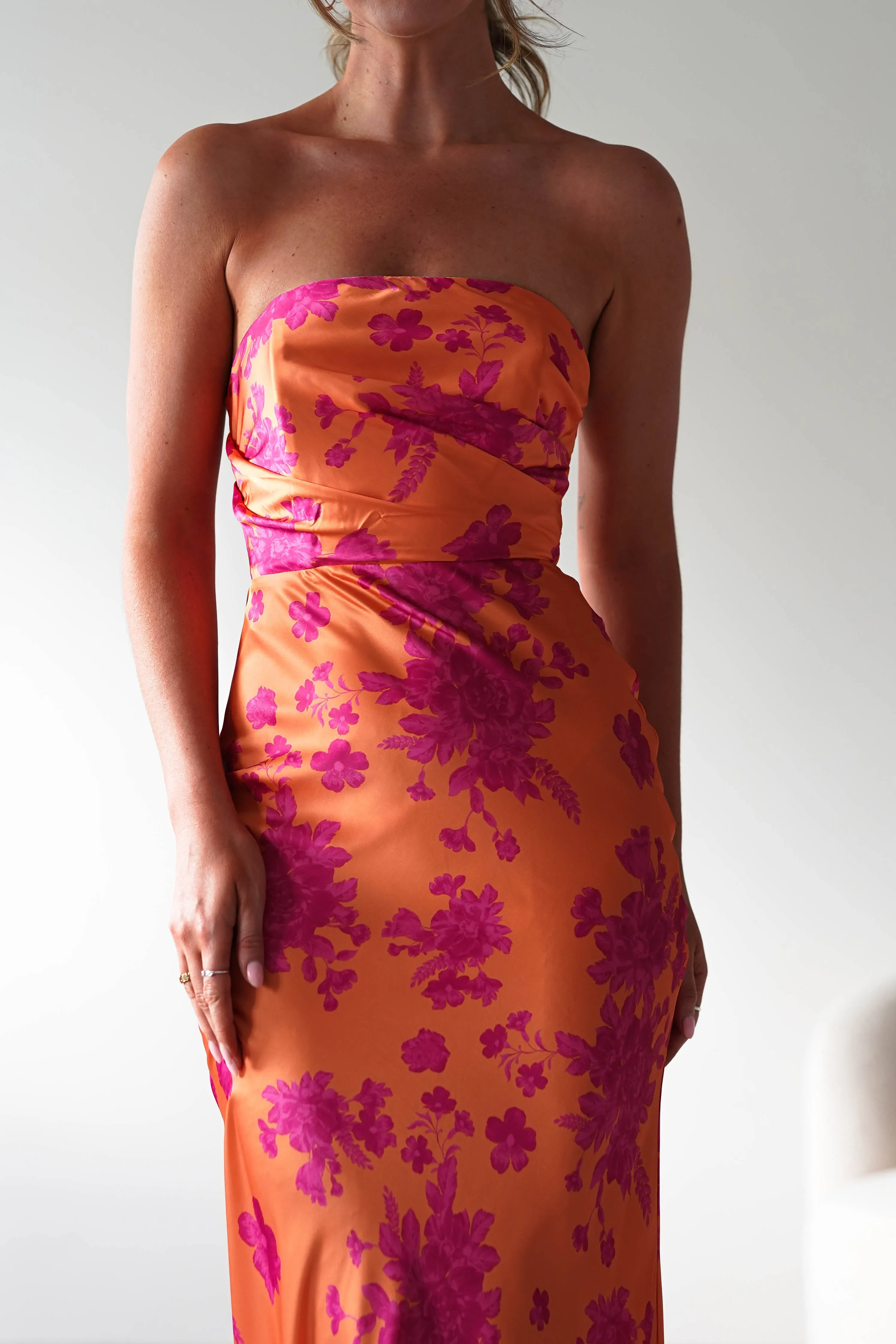 Anthonia Floral Satin Maxi Dress | Orange/Pink