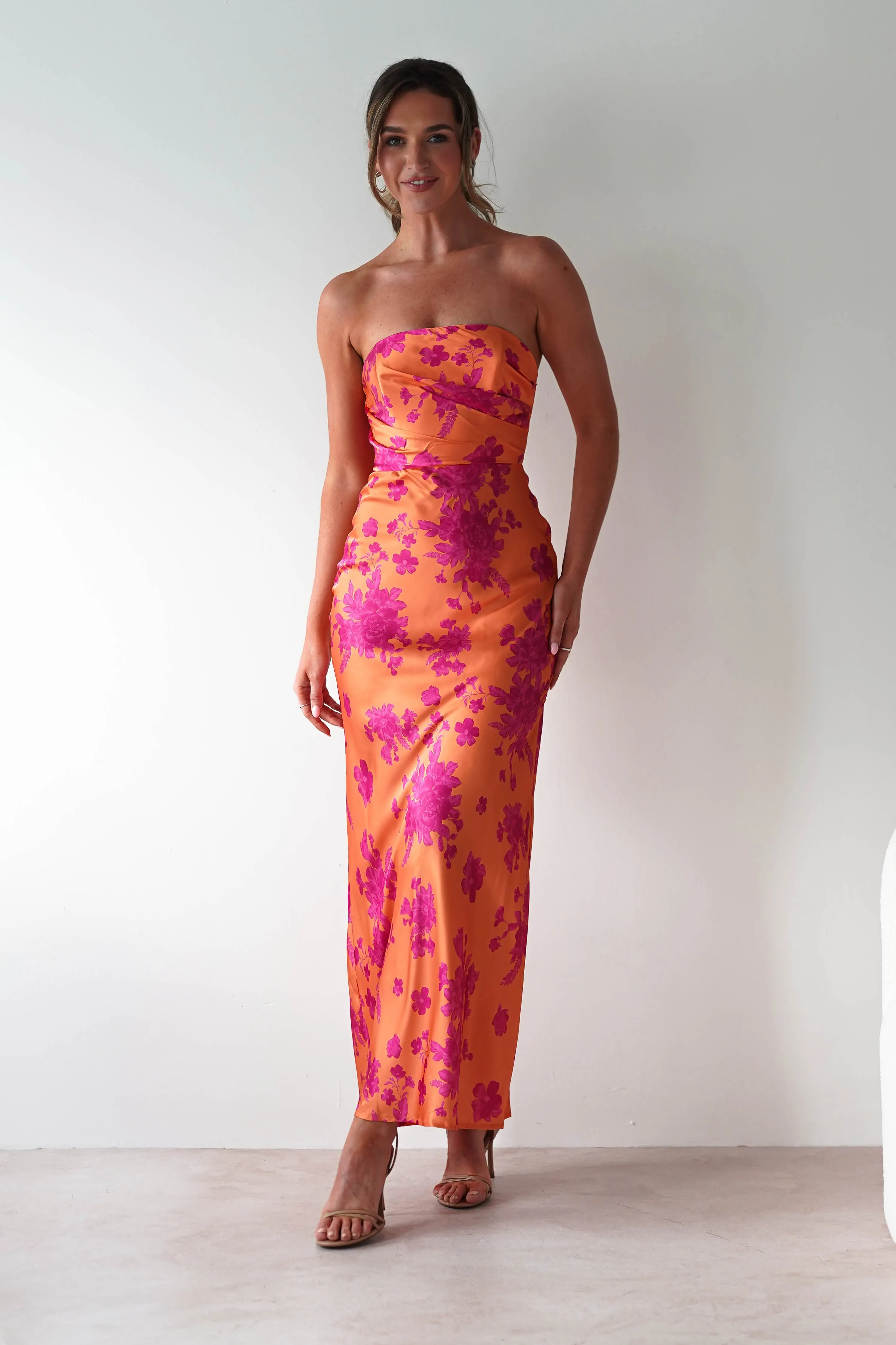 Anthonia Floral Satin Maxi Dress | Orange/Pink