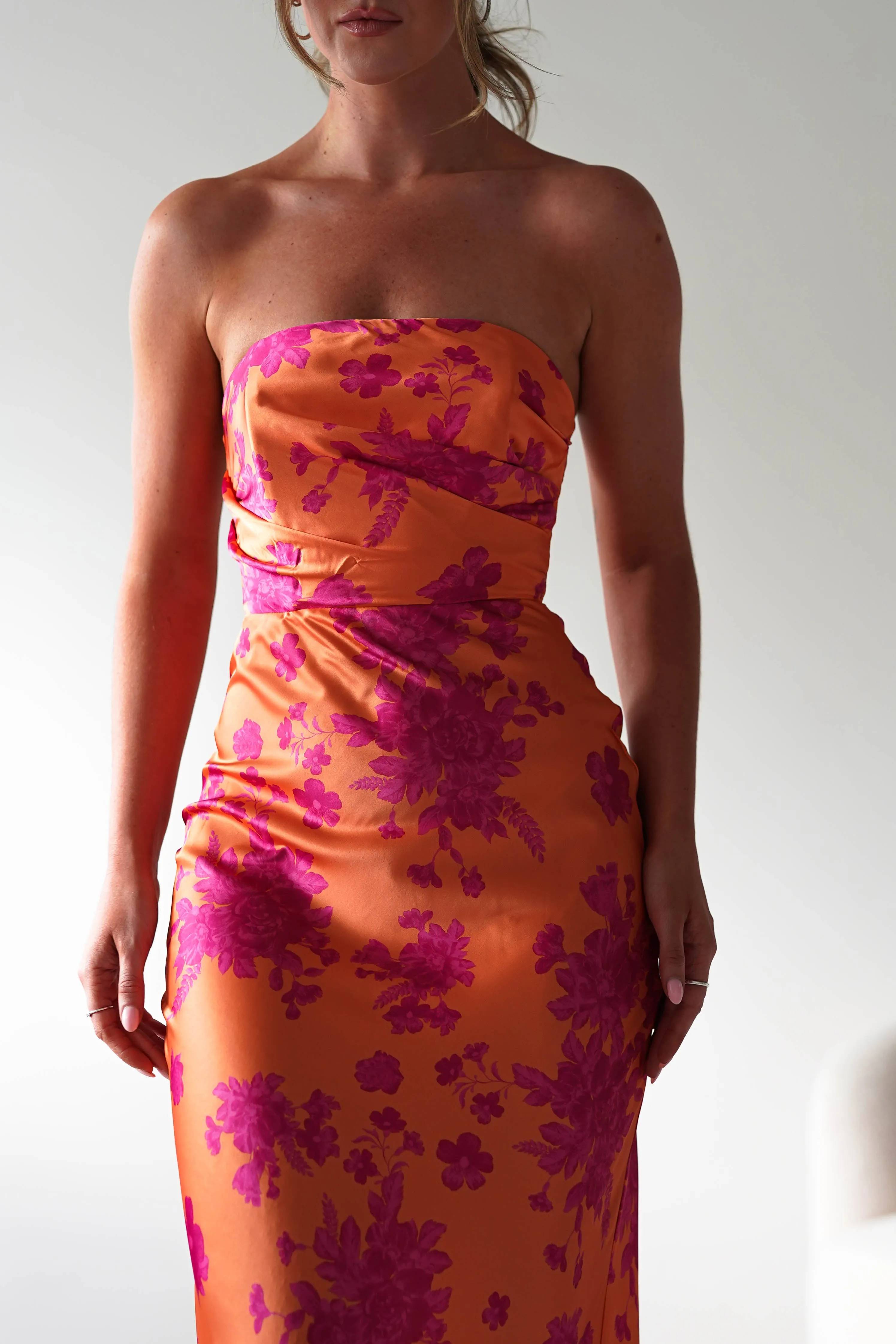 Anthonia Floral Satin Maxi Dress | Orange/Pink