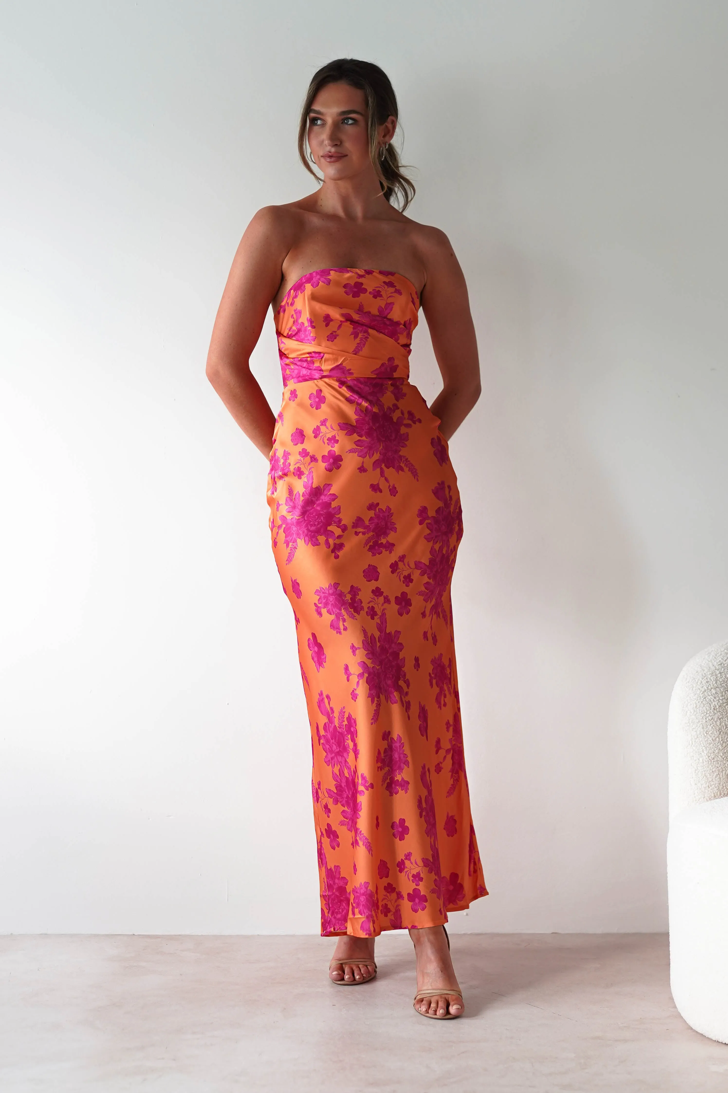 Anthonia Floral Satin Maxi Dress | Orange/Pink