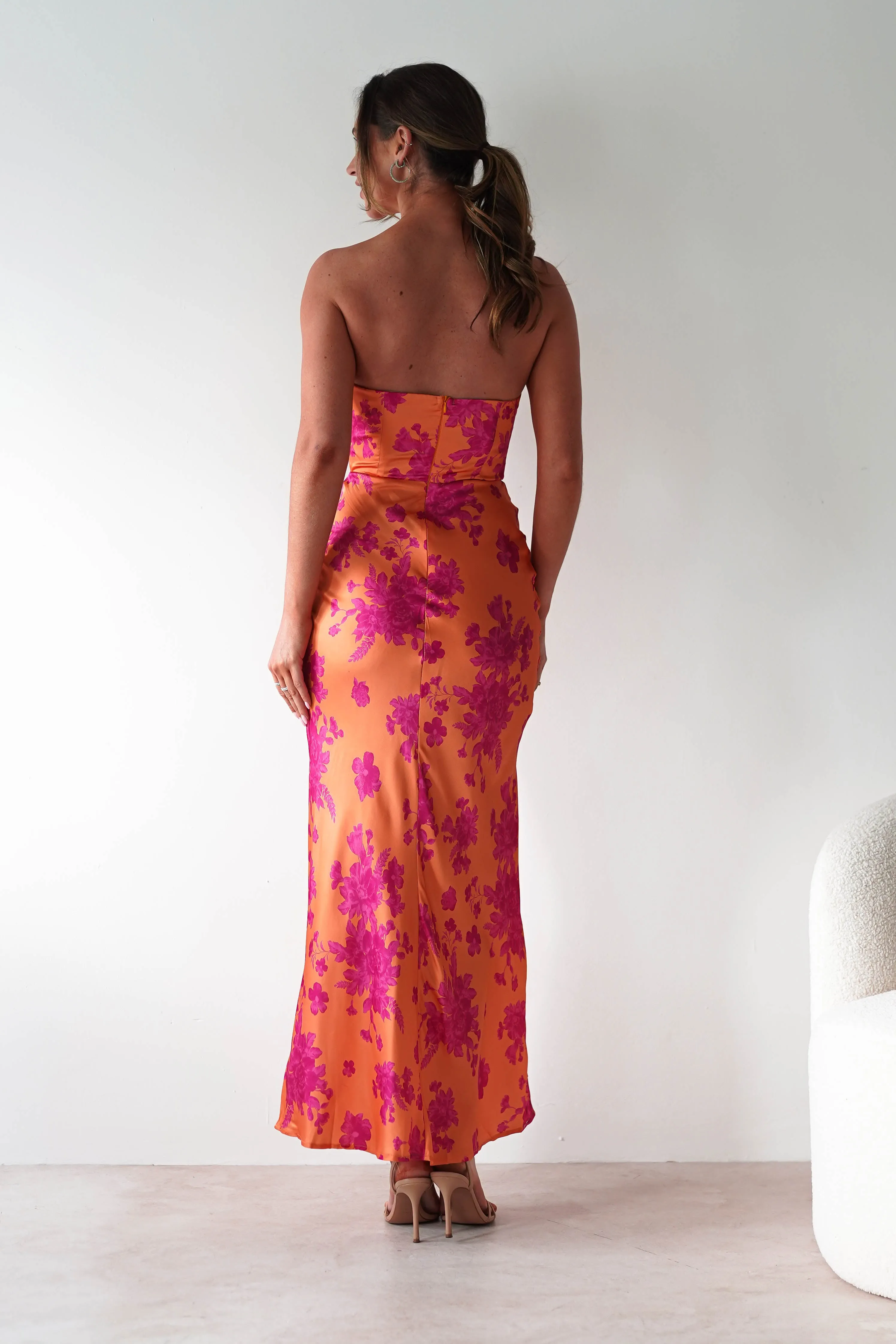 Anthonia Floral Satin Maxi Dress | Orange/Pink