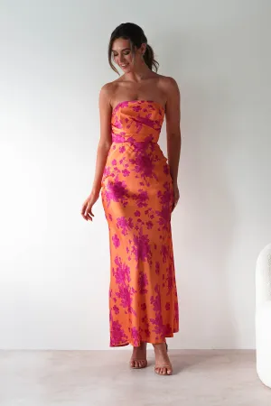 Anthonia Floral Satin Maxi Dress | Orange/Pink