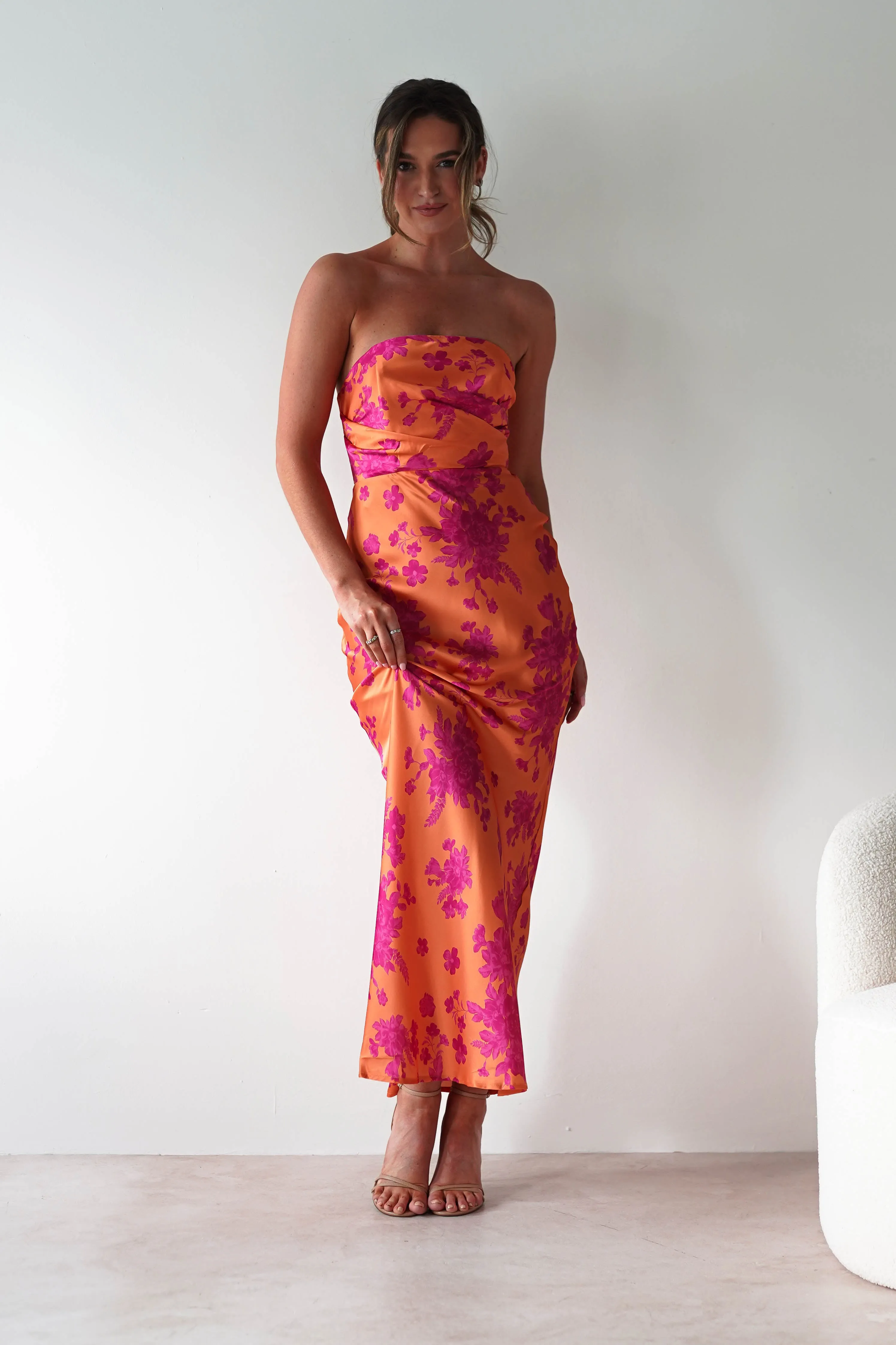 Anthonia Floral Satin Maxi Dress | Orange/Pink
