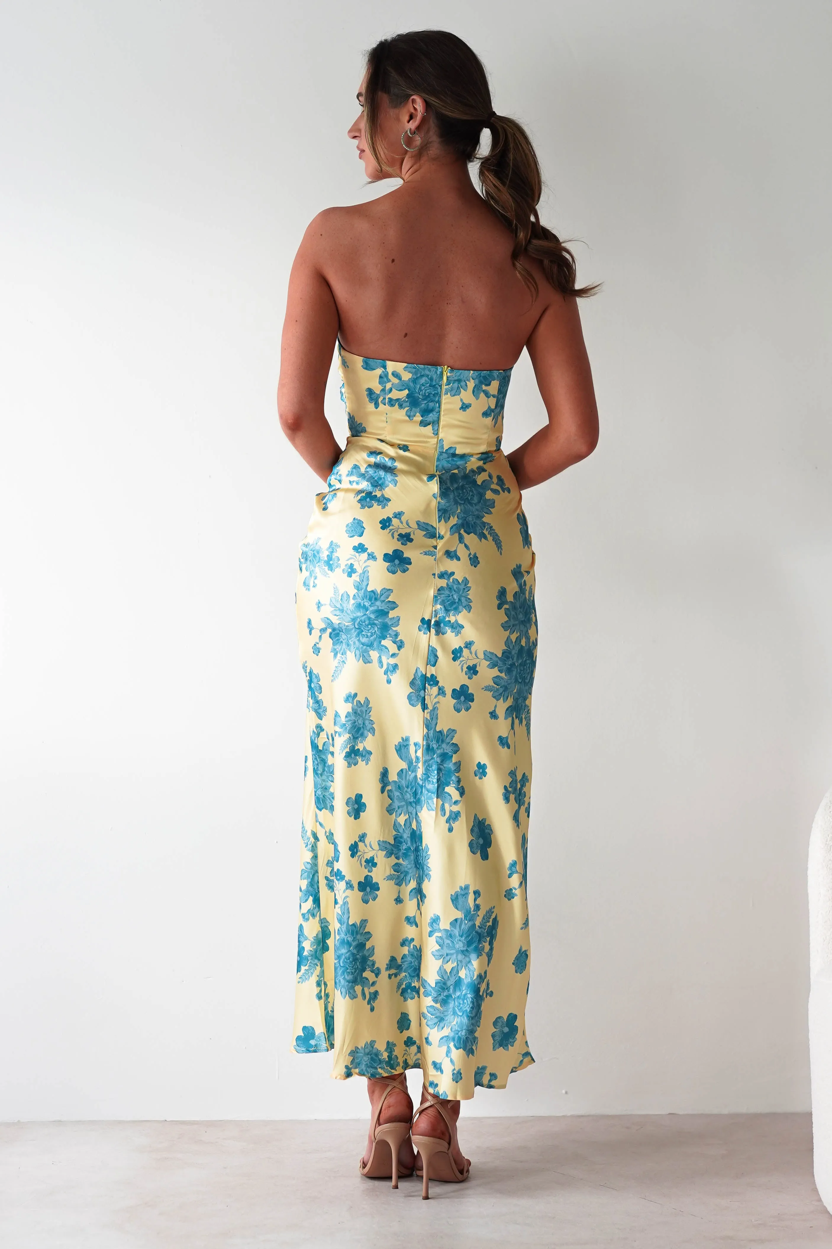 Anthonia Floral Satin Maxi Dress | Yellow/Blue
