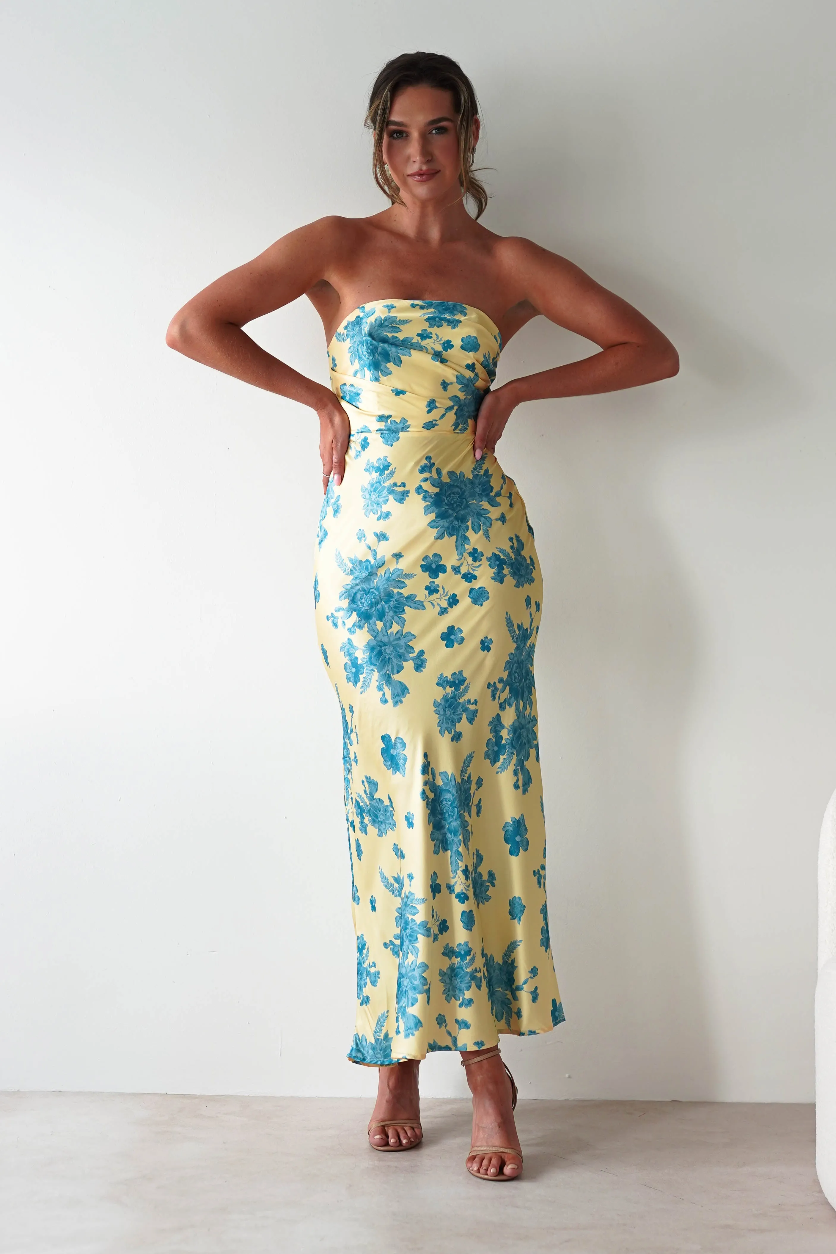Anthonia Floral Satin Maxi Dress | Yellow/Blue
