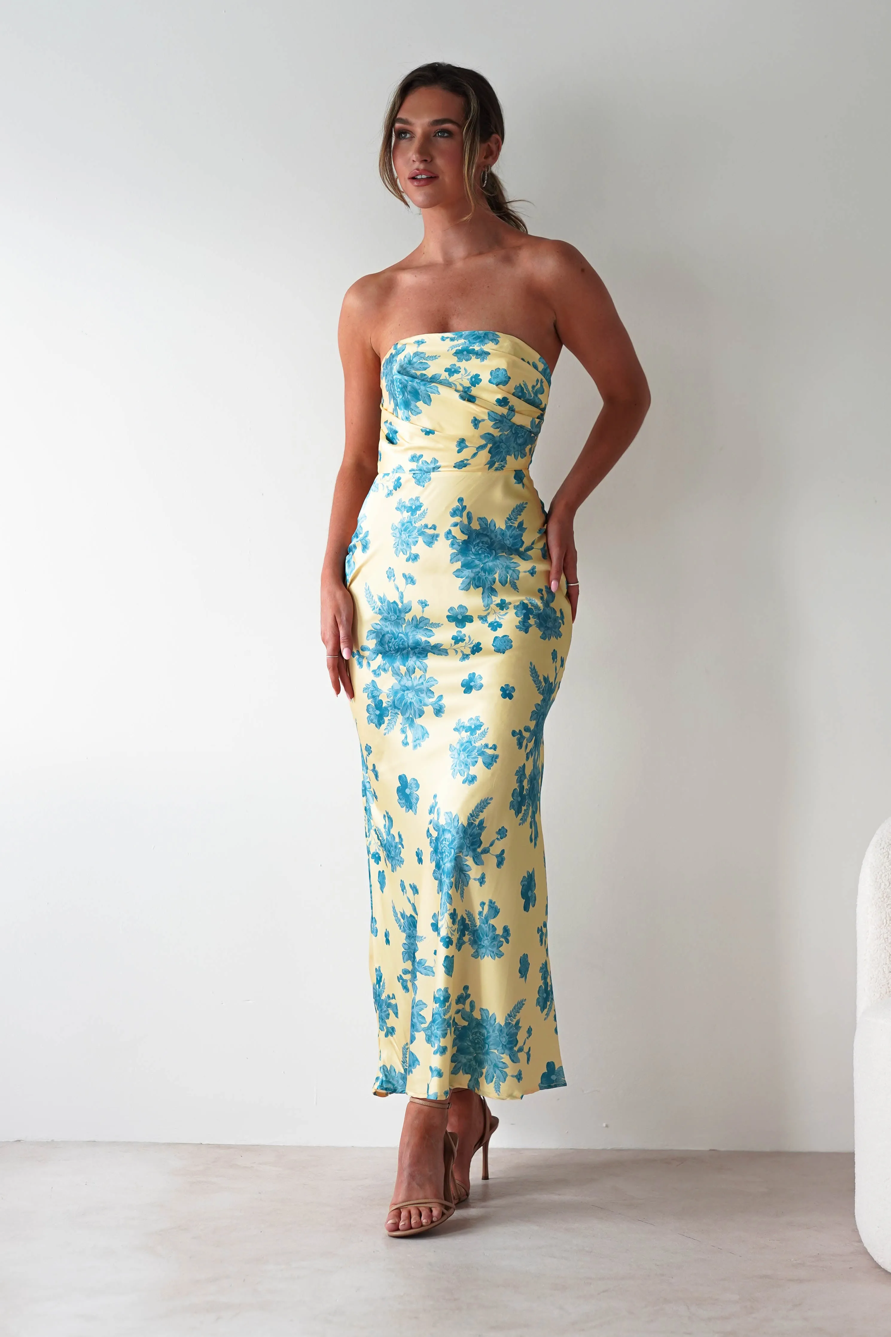 Anthonia Floral Satin Maxi Dress | Yellow/Blue