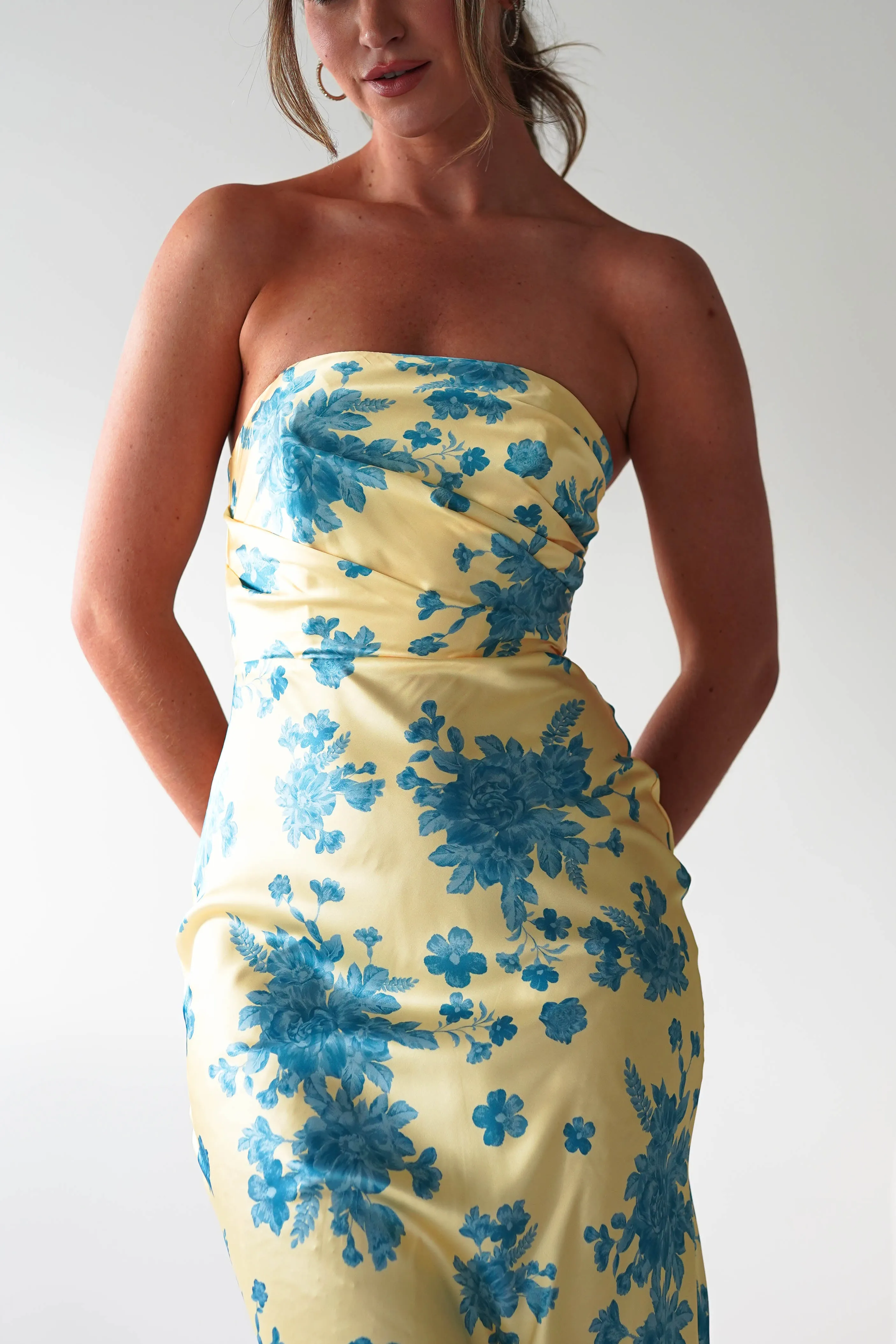 Anthonia Floral Satin Maxi Dress | Yellow/Blue