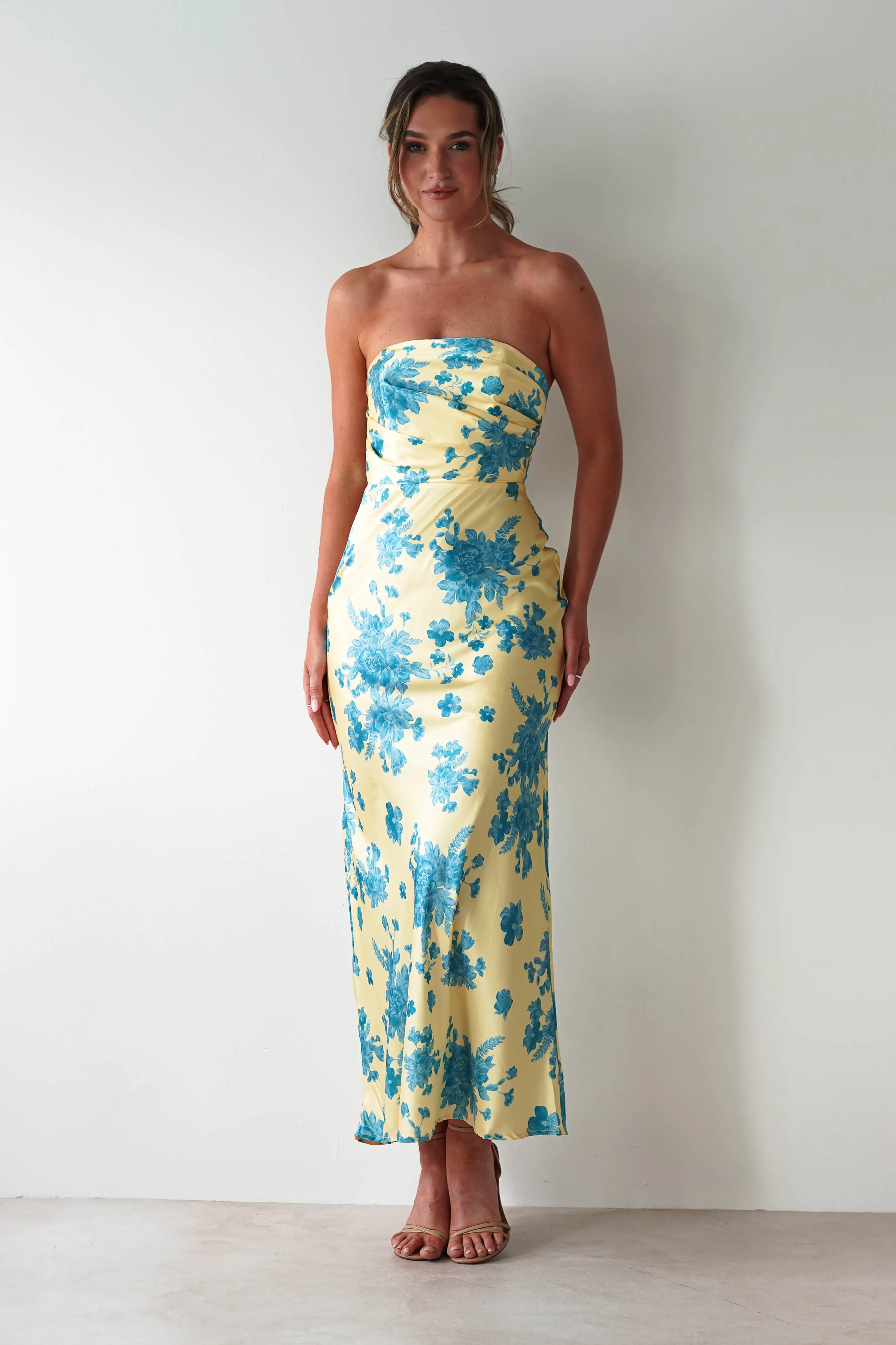 Anthonia Floral Satin Maxi Dress | Yellow/Blue