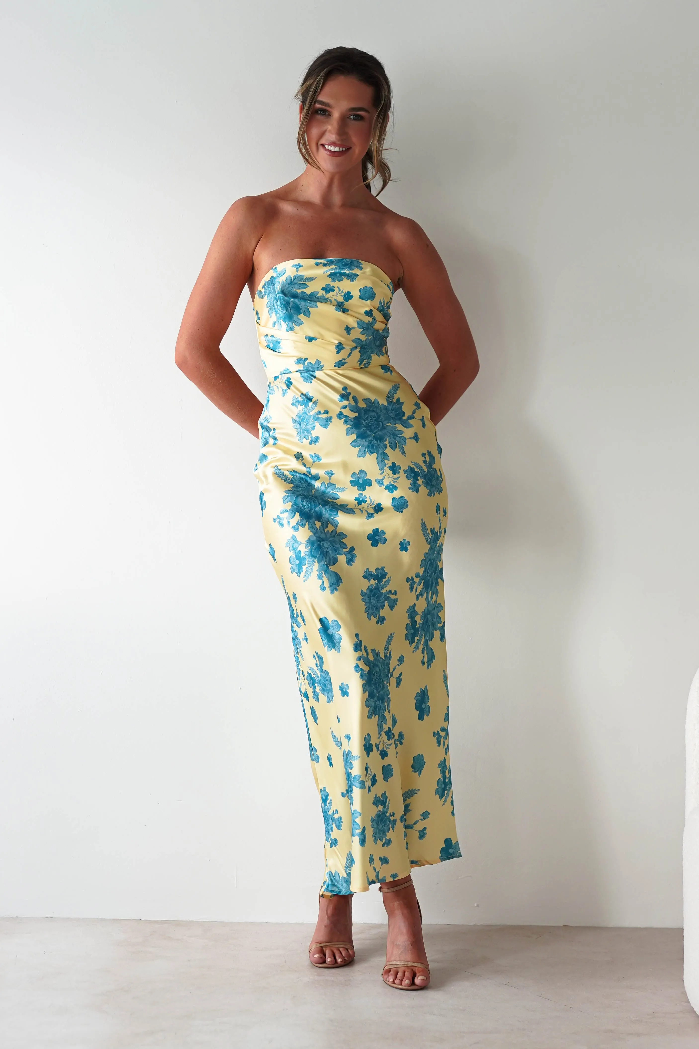 Anthonia Floral Satin Maxi Dress | Yellow/Blue