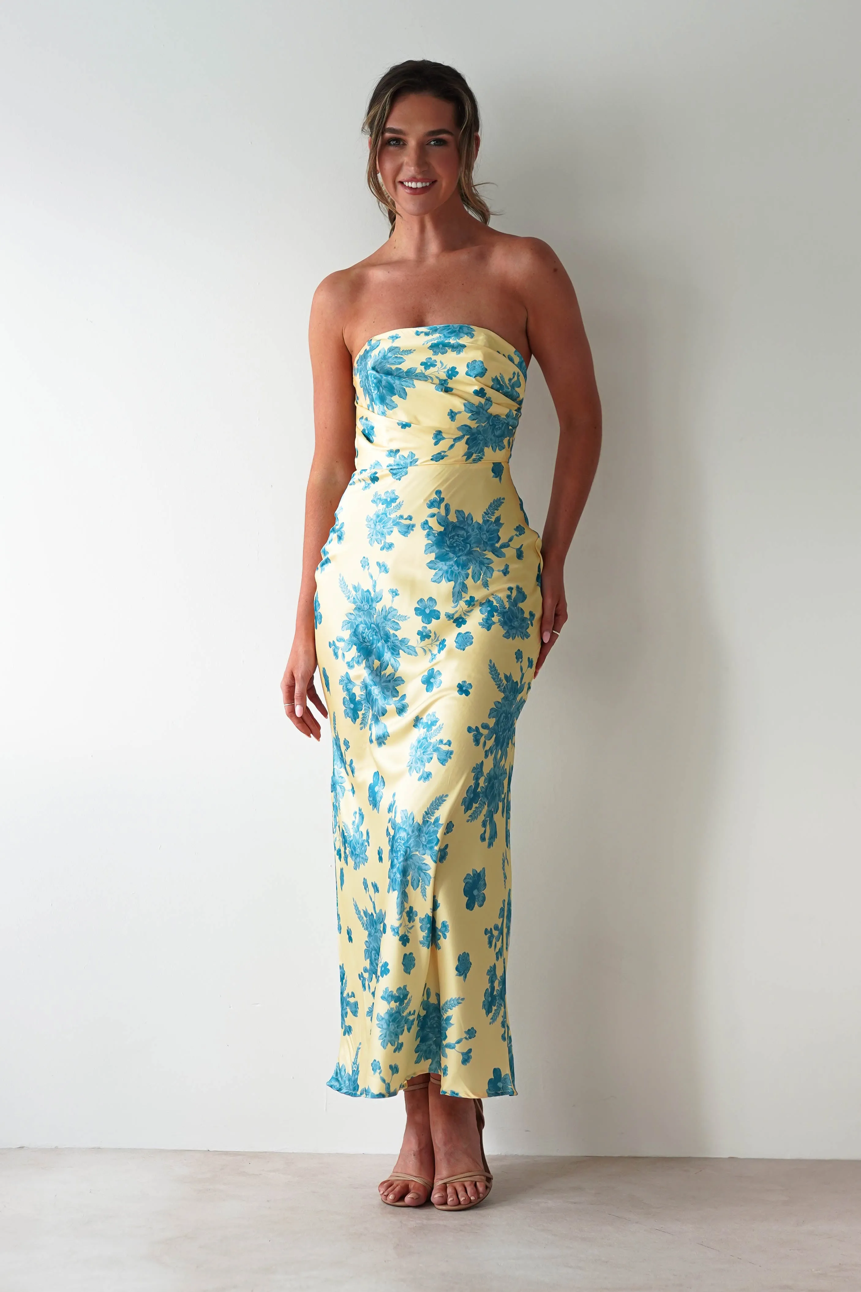 Anthonia Floral Satin Maxi Dress | Yellow/Blue