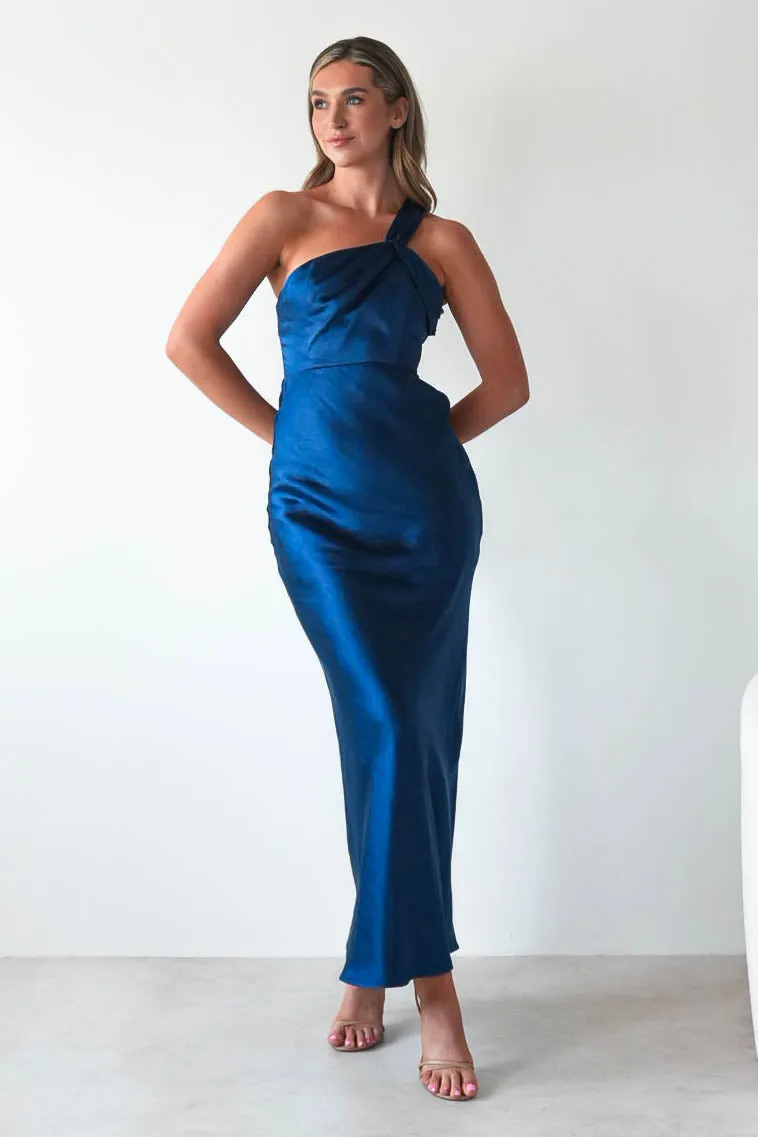 Ashlee Soft Satin One Shoulder Maxi Dress | Navy
