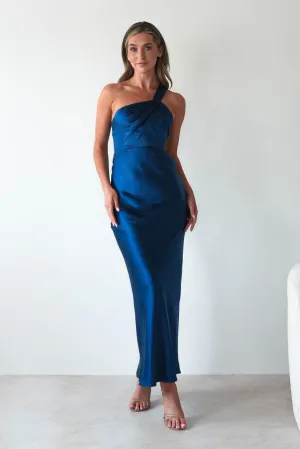 Ashlee Soft Satin One Shoulder Maxi Dress | Navy