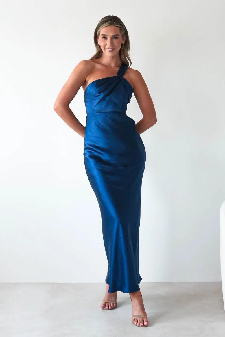 Ashlee Soft Satin One Shoulder Maxi Dress | Navy