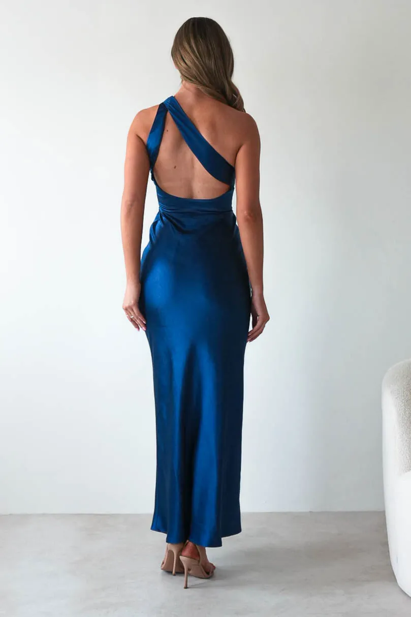 Ashlee Soft Satin One Shoulder Maxi Dress | Navy