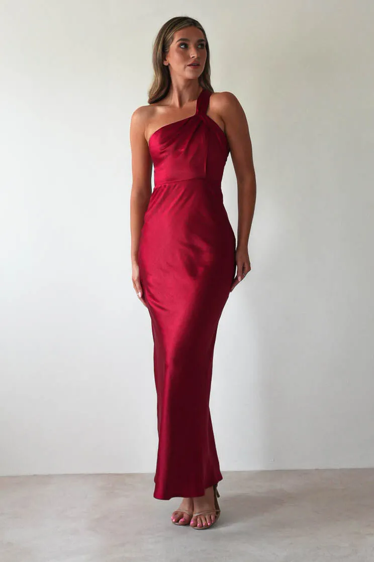 Ashlee Soft Satin One Shoulder Maxi Dress | Red