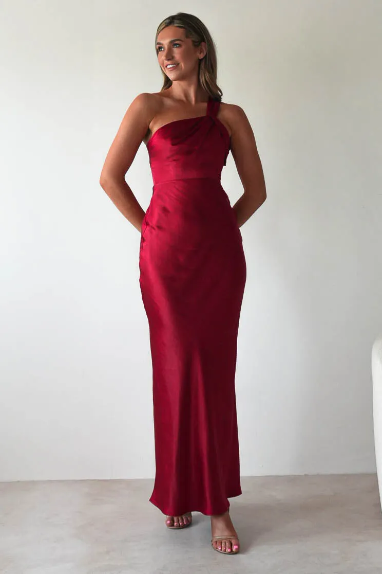 Ashlee Soft Satin One Shoulder Maxi Dress | Red