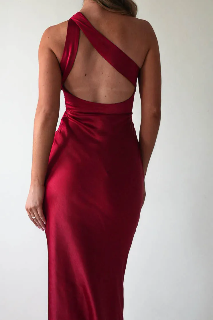 Ashlee Soft Satin One Shoulder Maxi Dress | Red