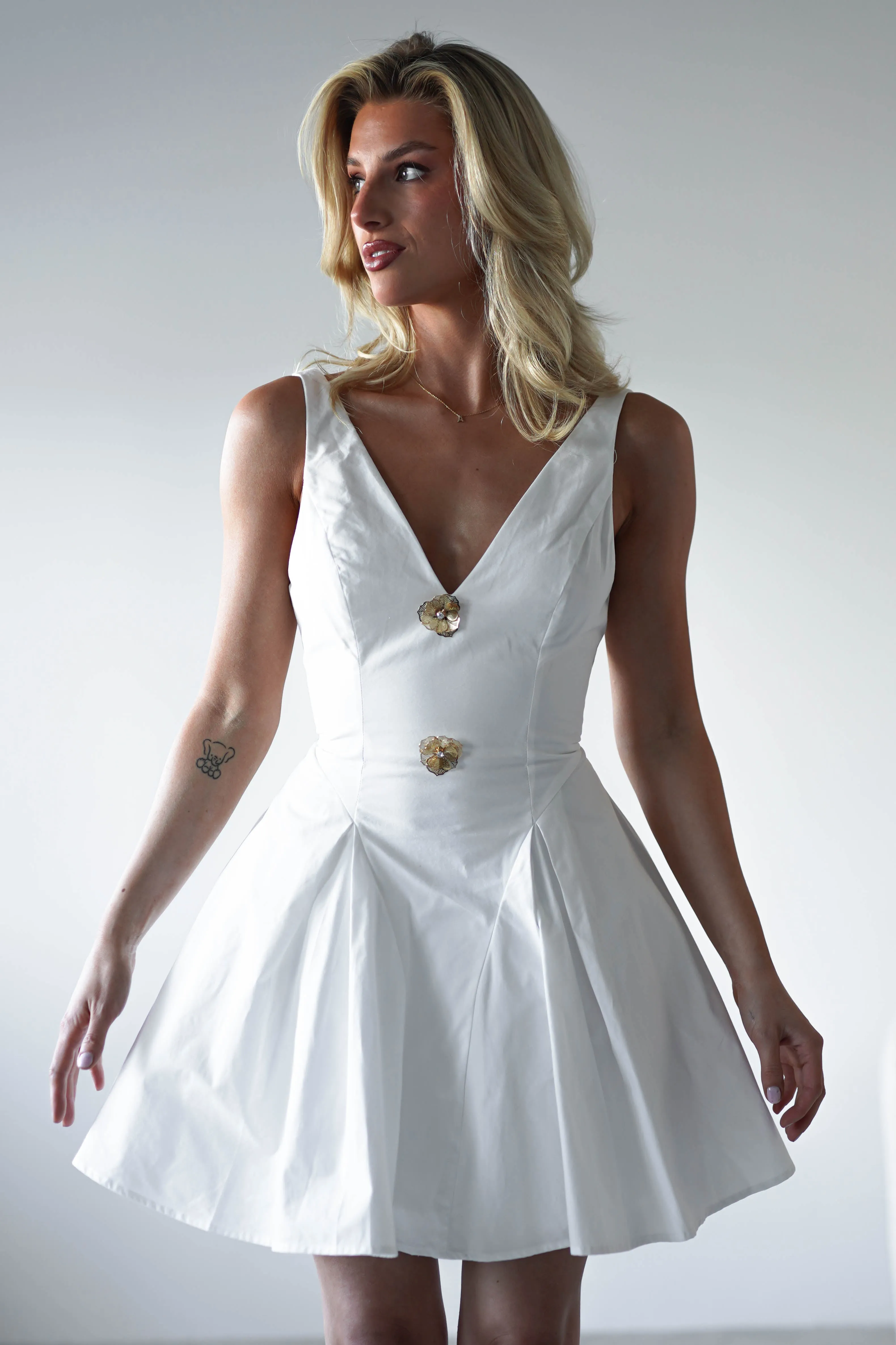 Baxter Cotton Gold Button Mini Dress | White