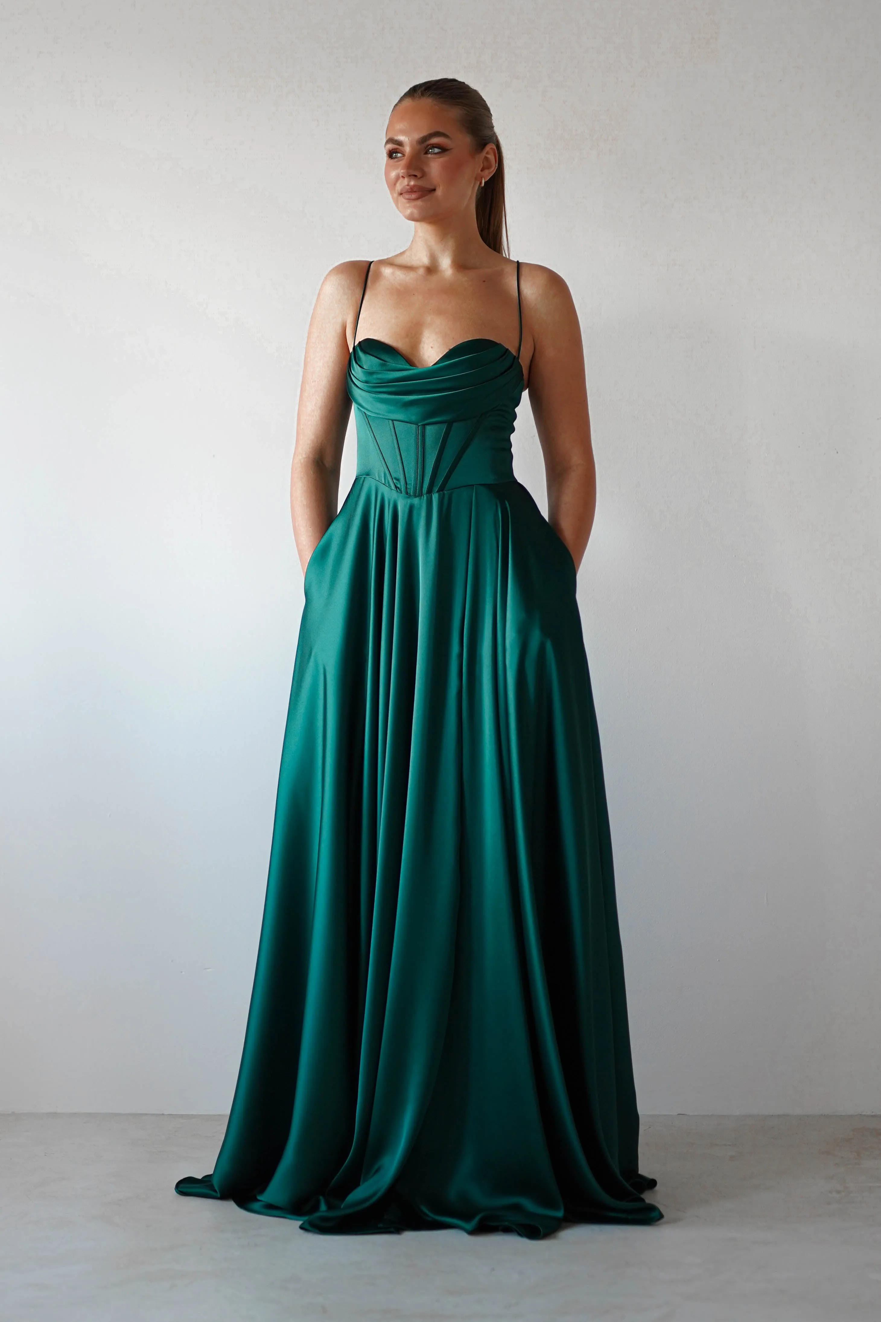 Bella Luxe Aline Satin Gown | Emerald